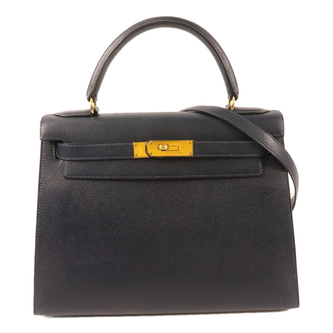 Hermes Kelly 28 Blue Veau Epsom Calfskin Shoulder Bag with Gold Hardware: Hermes Kelly 28 Blue Veau Epsom Calfskin Shoulder Bag with Gold Hardware This Hermes Kelly 28 is a versatile 2-way shoulder bag crafted from Veau Epsom calfskin leather in a sophisticated blue shade. 