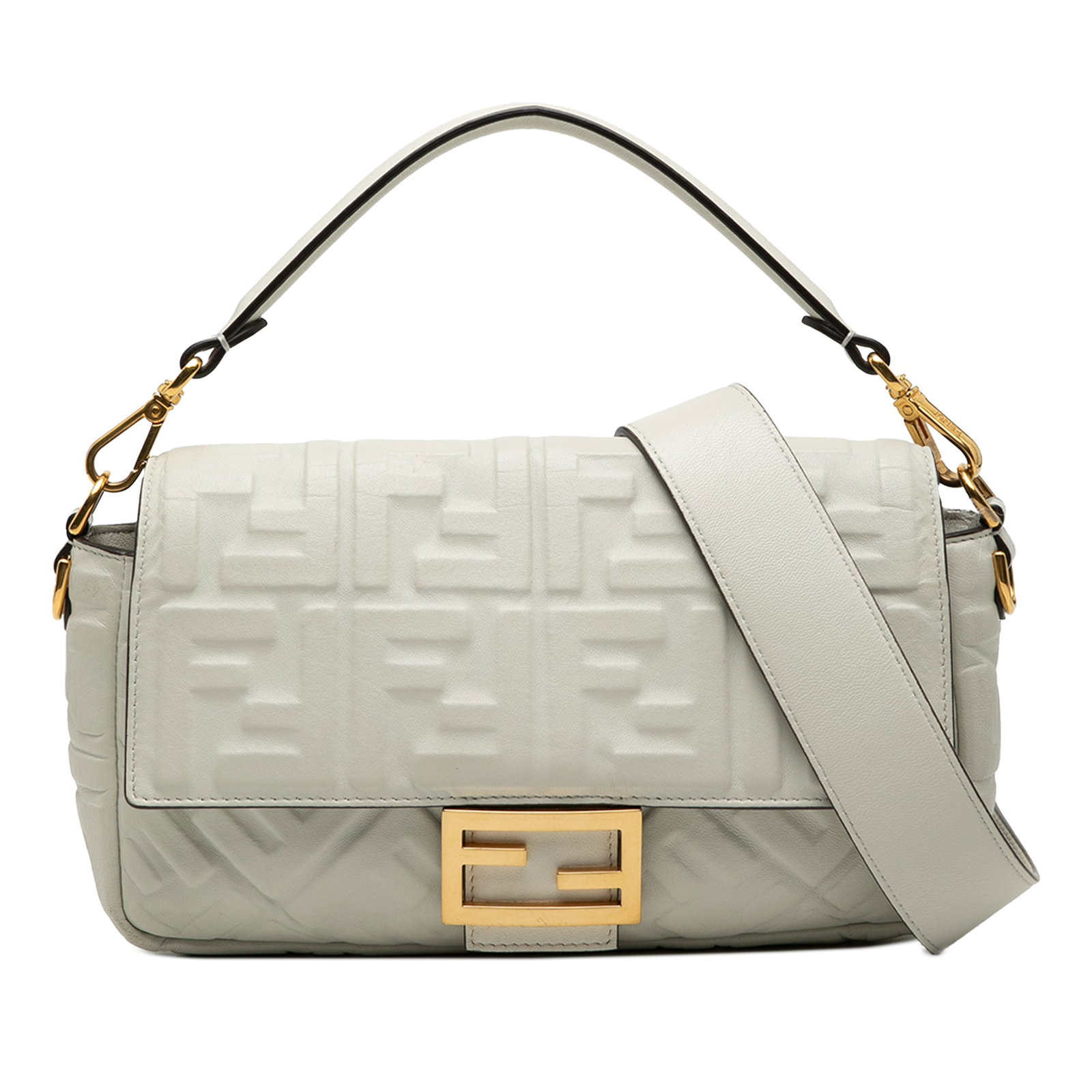 Fendi Baguette Satchel White Embossed Leather With Shoulder Strap: Fendi Baguette Satchel White Embossed Leather With Shoulder Strap This Fendi Zucca Embossed Leather Baguette Satchel features a white embossed leather body with a flat leather handle and a detachable 