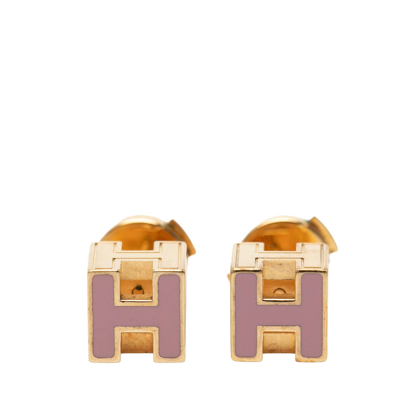 Hermes Enamel and Gold Plated Cage dH Cube Earrings with Push Back: Hermes Enamel and Gold Plated Cage dH Cube Earrings with Push Back These Hermes earrings feature a purple enamel and gold plated metal design with a distinctive Cage d'H Cube motif. They are equipped 