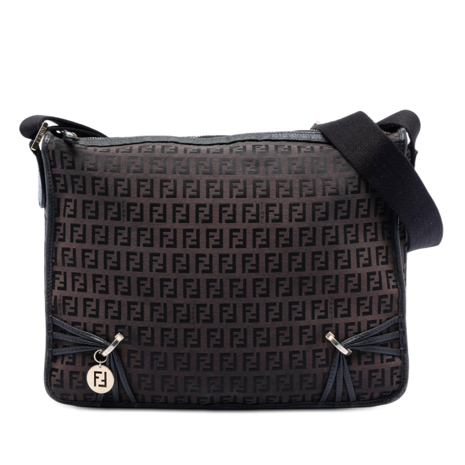 Fendi Zucchino Canvas Crossbody Bag with F Charm and Leather Trim: Fendi Zucchino Canvas Crossbody Bag with F Charm and Leather Trim This Fendi Zucchino Canvas F Charm Crossbody bag features a canvas body with leather trim, an adjustable flat strap, a top zip closure