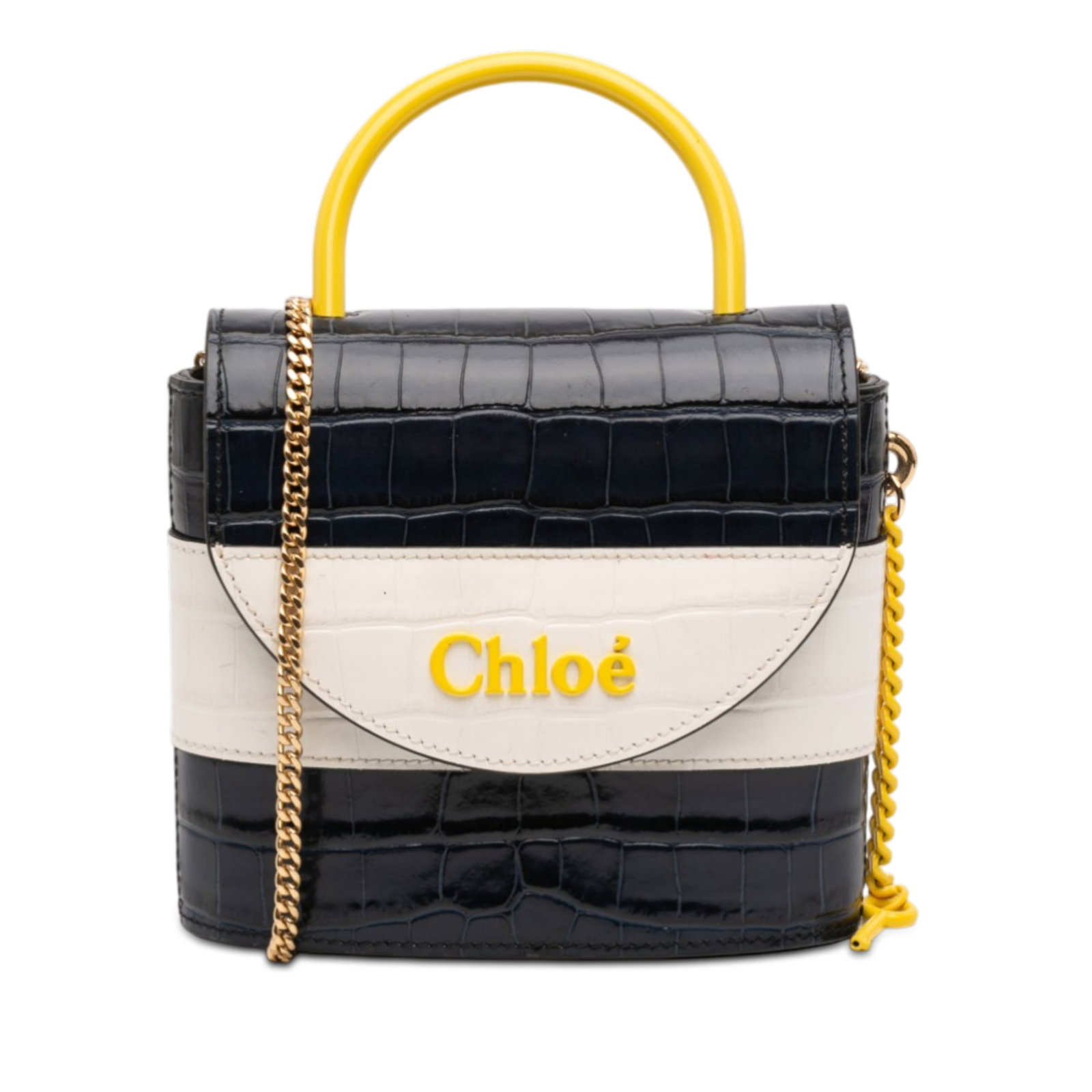 Chloe Aby Lock Satchel in Tricolor Croc Embossed Leather with Chain Strap: Chloe Aby Lock Satchel in Tricolor Croc Embossed Leather with Chain Strap This satchel features a tricolor croc-embossed leather body, a metal top handle, a chain-link shoulder strap, a front flap wit