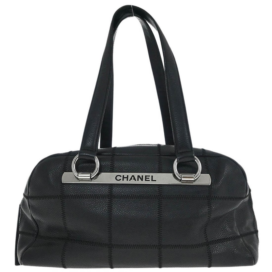 Chanel Matelasse Quilted Black Leather Medium Top Handle Bag: Chanel Matelasse Quilted Black Leather Medium Top Handle Bag This Chanel handbag features luxurious black calfskin leather with a quilted matelasse pattern, complemented by silver-tone hardware. Desig