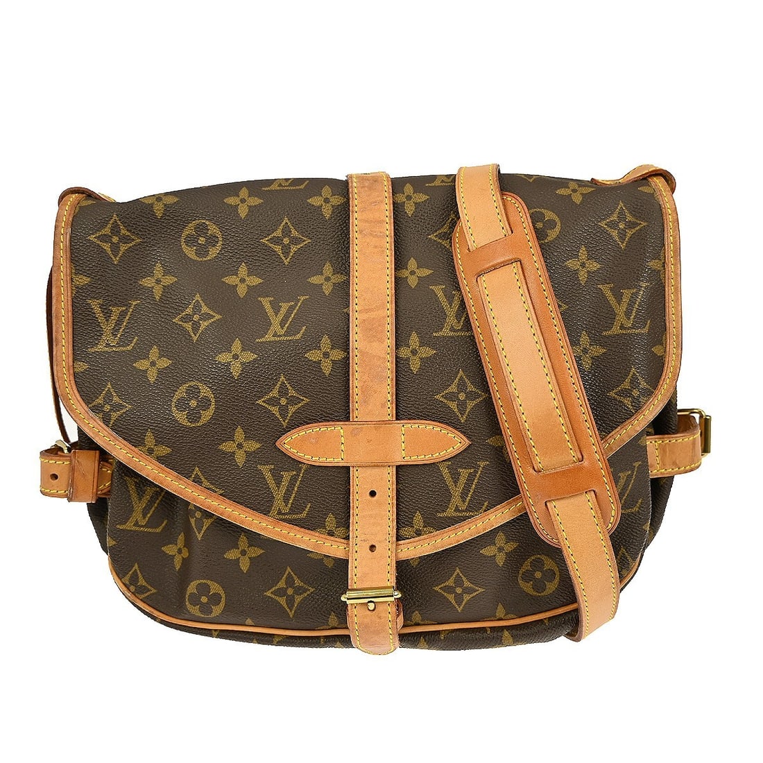 Brown Canvas Louis Vuitton Saumur Shoulder Bag Unisex France: Brown Canvas Louis Vuitton Saumur Shoulder Bag Unisex France This Louis Vuitton Saumur Handbag features the classic monogram canvas design in brown and is suitable for unisex use. The bag shows scuffs