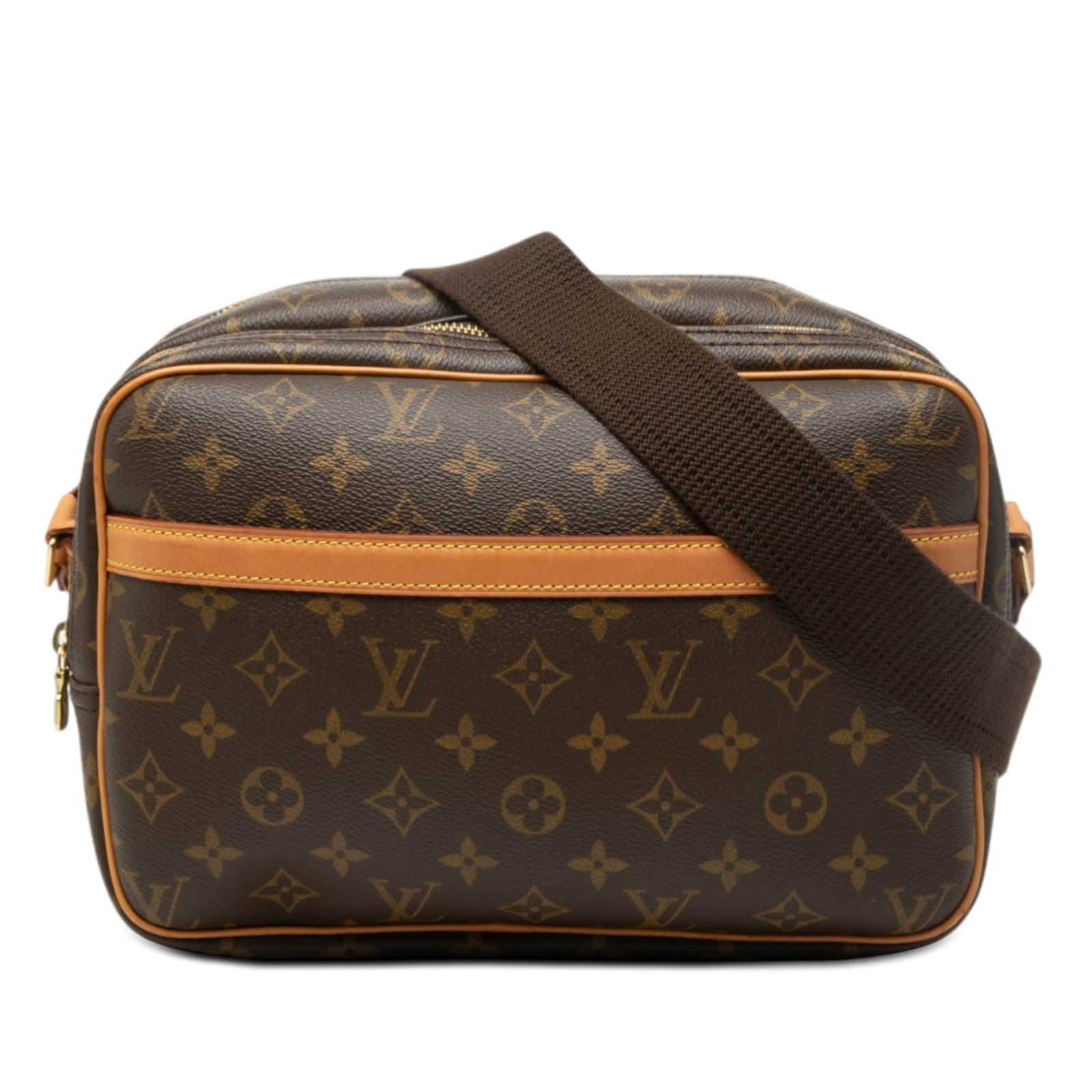 Monogram Reporter PM Shoulder Bag with Adjustable Strap and Dual Compartments: Monogram Reporter PM Shoulder Bag with Adjustable Strap and Dual Compartments The Louis Vuitton Monogram Reporter PM is crafted from the signature monogram canvas with vachetta leather trim. It featur