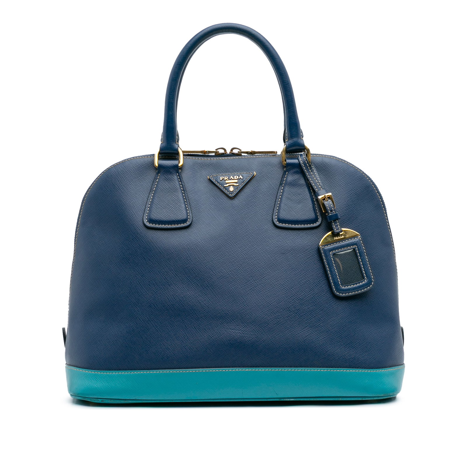 Prada Bicolor Saffiano Lux Promenade Dome Handbag Blue Leather: Prada Bicolor Saffiano Lux Promenade Dome Handbag Blue Leather The Prada Bicolor Saffiano Lux Promenade Dome Handbag is a stylish accessory that embodies elegance and functionality. Crafted from durab