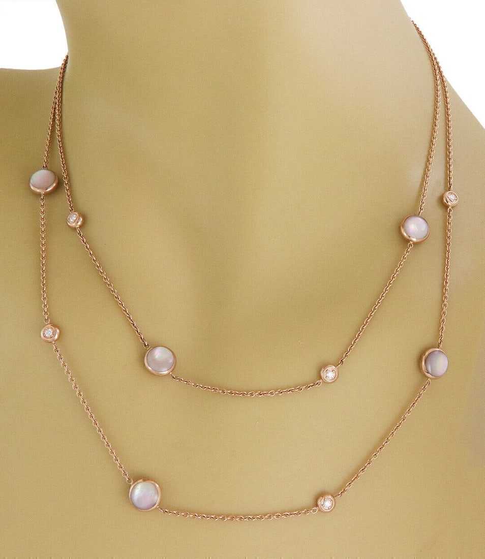 Kabana 18k Rose Gold Mother of Pearl Diamond Necklace: Kabana 18k Rose Gold Mother of Pearl Diamond Necklace This authentic Kabana necklace showcases a sophisticated double-layer design in 18k rose gold, featuring delicate button-style motifs set with lum