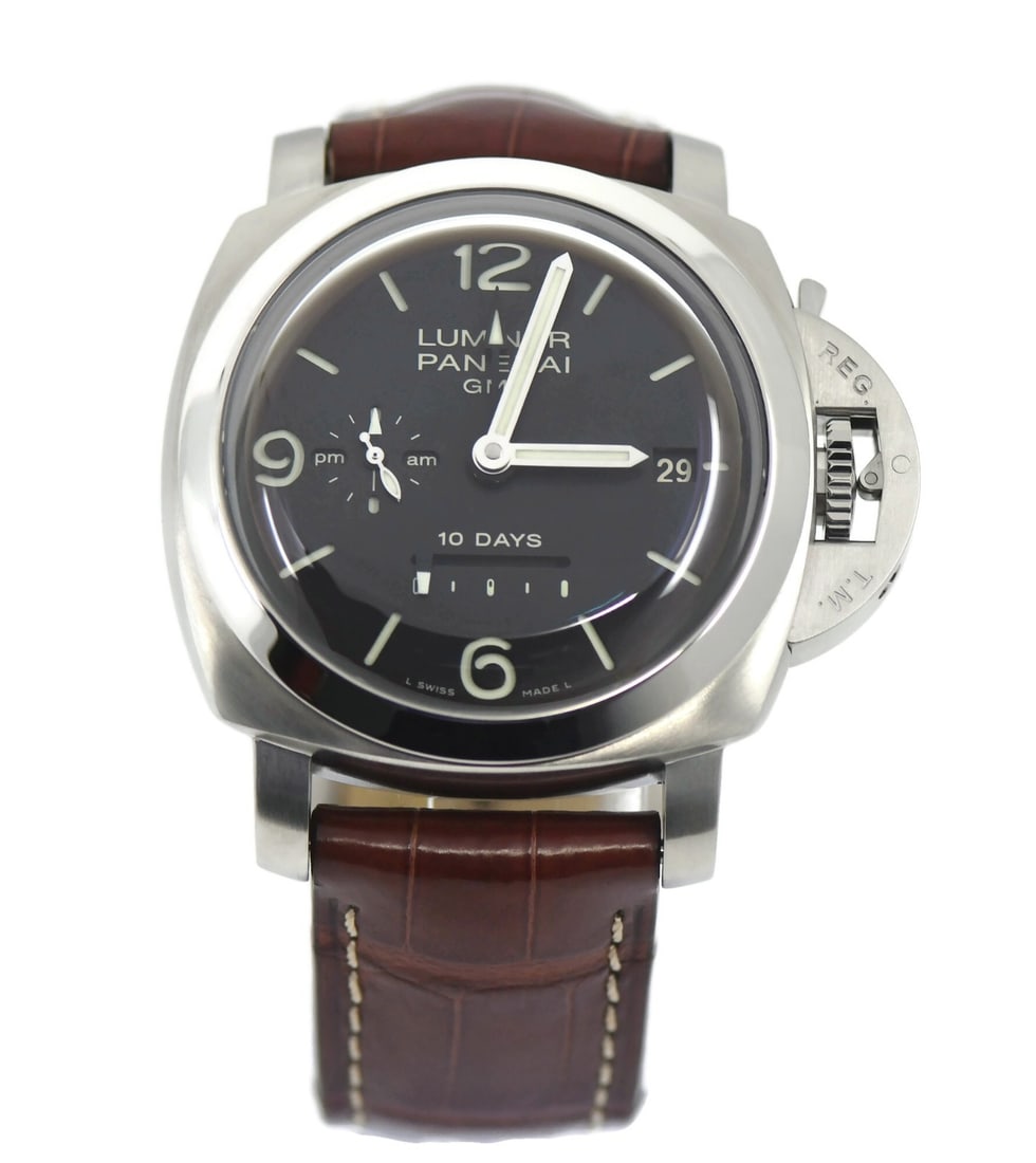 Panerai Luminor Marina GMT PAM00270 Steel Automatic Watch 44mm With Box: Panerai Luminor Marina GMT PAM00270 Steel Automatic Watch 44mm With Box This Panerai Luminor Marina GMT wristwatch features a 44mm stainless steel case with a black leather band and black dial. Design