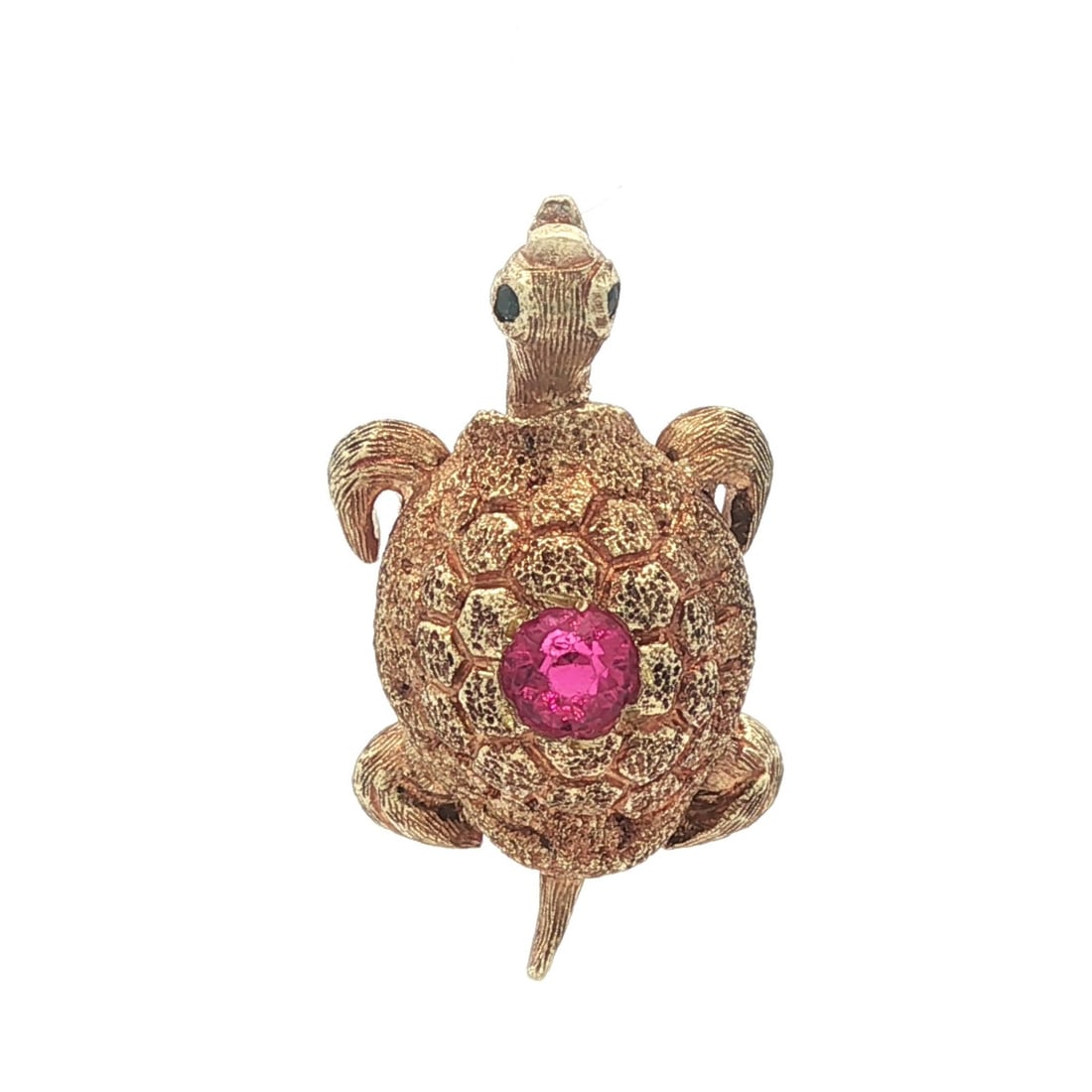 Antique Yellow Gold Turtle Pendant with Sapphire and Pink Stone: Antique Yellow Gold Turtle Pendant with Sapphire and Pink Stone This exquisite antique charm pendant features a textured turtle design crafted from solid yellow gold, showcasing a beautiful combinatio