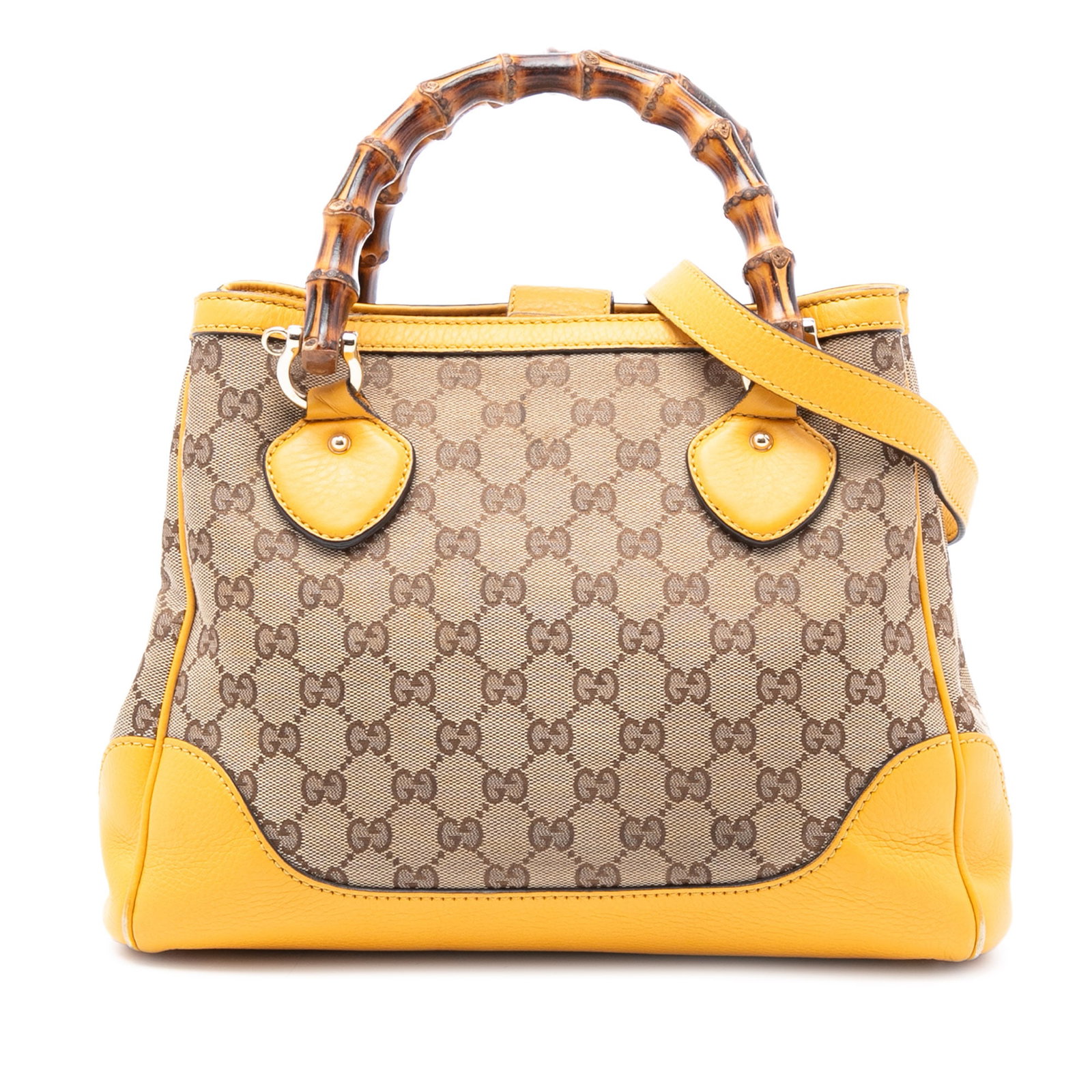 Gucci Diana Bamboo Handle Small GG Canvas Tote with Leather Trim: Gucci Diana Bamboo Handle Small GG Canvas Tote with Leather Trim This Gucci Small GG Canvas Diana Bamboo Top Handle Tote features a beige canvas body with leather trim, signature bamboo top handles, a