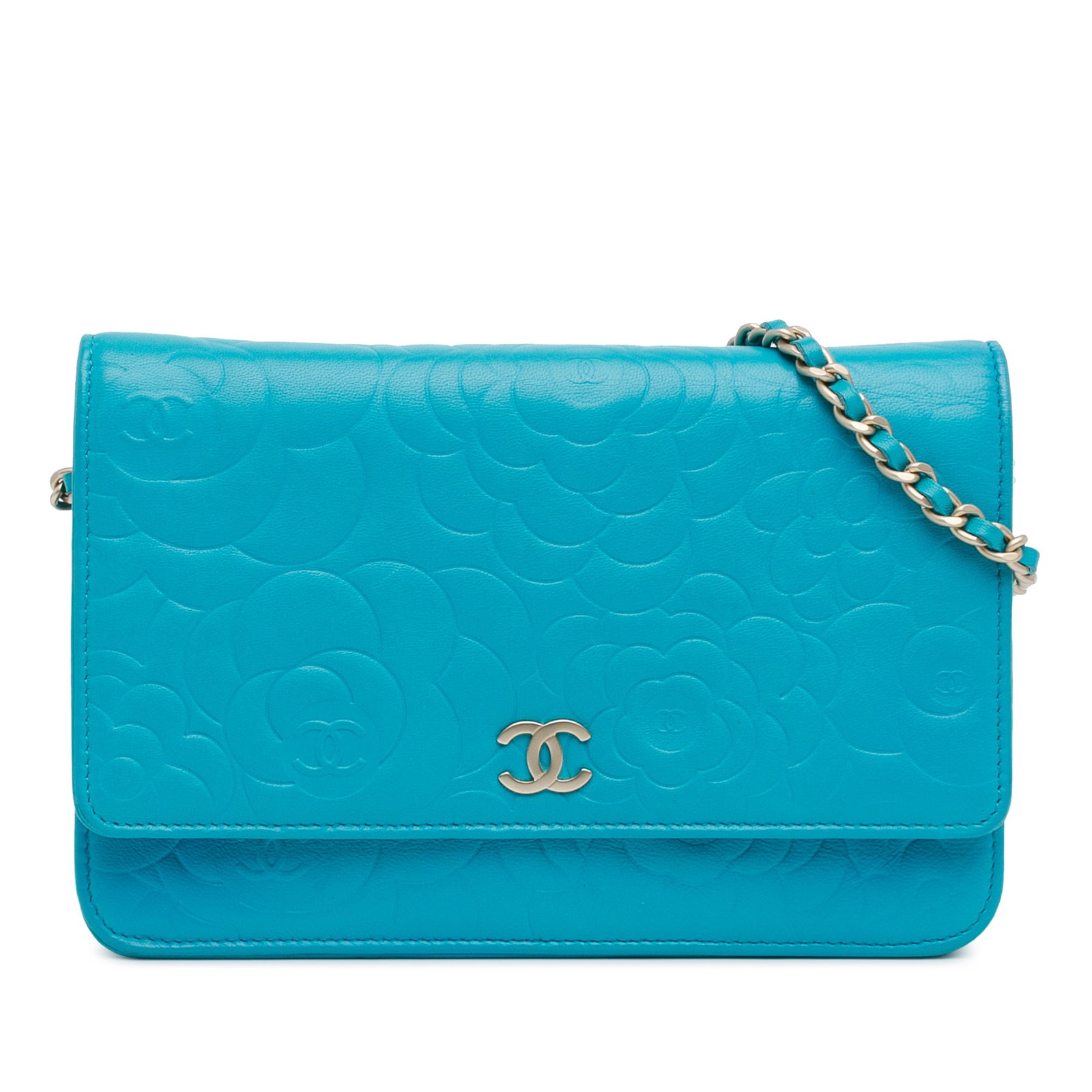 Chanel Blue Lambskin Camellia Wallet On Chain with Leather-Woven Strap: Chanel Blue Lambskin Camellia Wallet On Chain with Leather-Woven Strap This Chanel Lambskin Camellia Embossed Wallet On Chain is crafted from luxurious quilted lambskin leather in a striking blue hue.