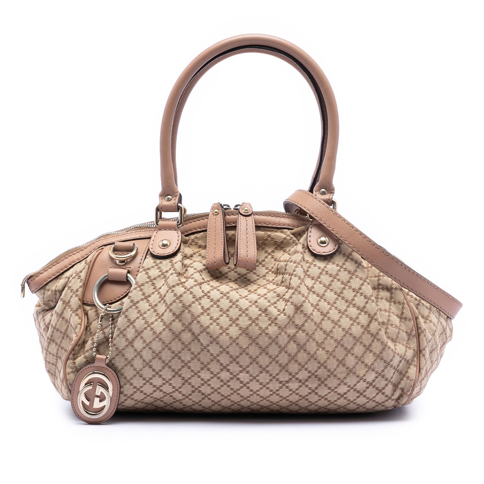Gucci Sukey Beige Diamante Canvas Satchel with Leather Trim and Shoulder Strap: Gucci Sukey Beige Diamante Canvas Satchel with Leather Trim and Shoulder Strap This Gucci Diamante Canvas Sukey Satchel features a beige fabric body accented with leather trim, rolled leather handles,