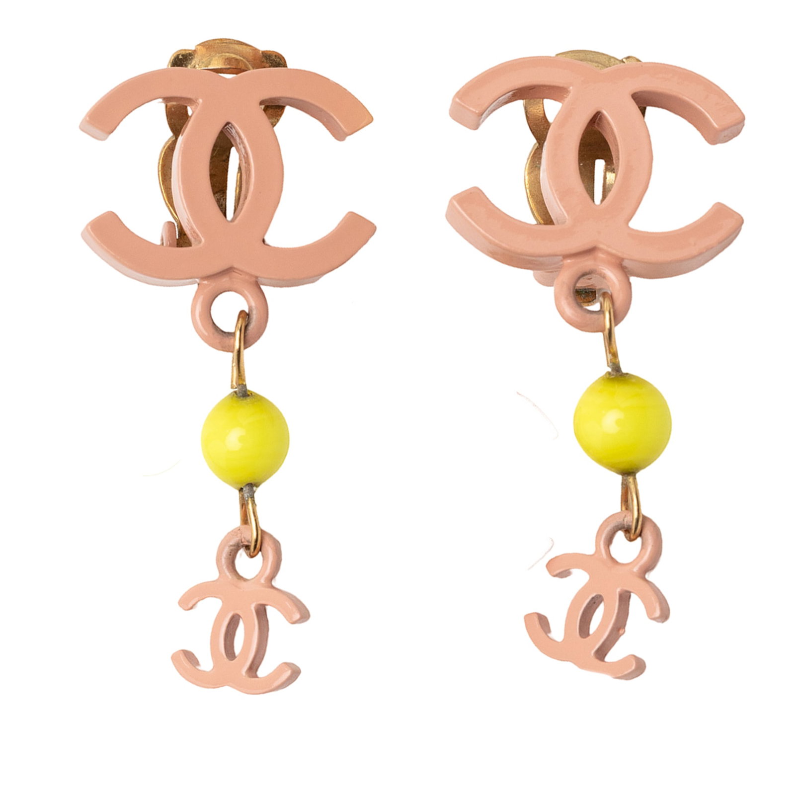 Chanel Pink Enamel and Gold Plated CC Logo Clip-On Earrings: Chanel Pink Enamel and Gold Plated CC Logo Clip-On Earrings These Chanel earrings feature a pink enamel body with gold-plated metal accents and secure clip-on closures. Designed in France, they showca