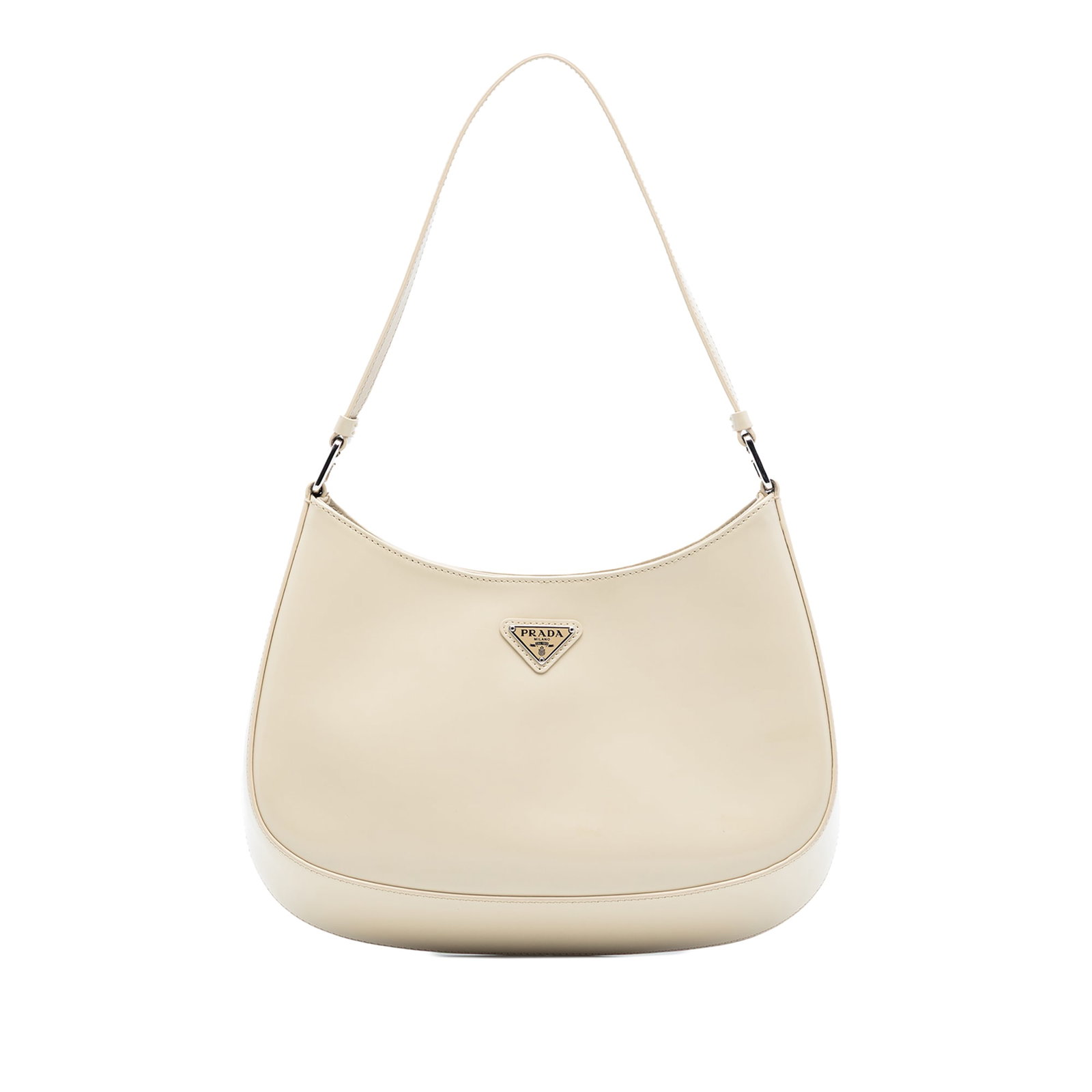 Prada Cleo Beige Leather Shoulder Purse with Magnetic Closure: Prada Cleo Beige Leather Shoulder Purse with Magnetic Closure This Prada Spazzolato Cleo shoulder bag features a beige leather body with a flat leather shoulder strap, an open top with a magnetic snap