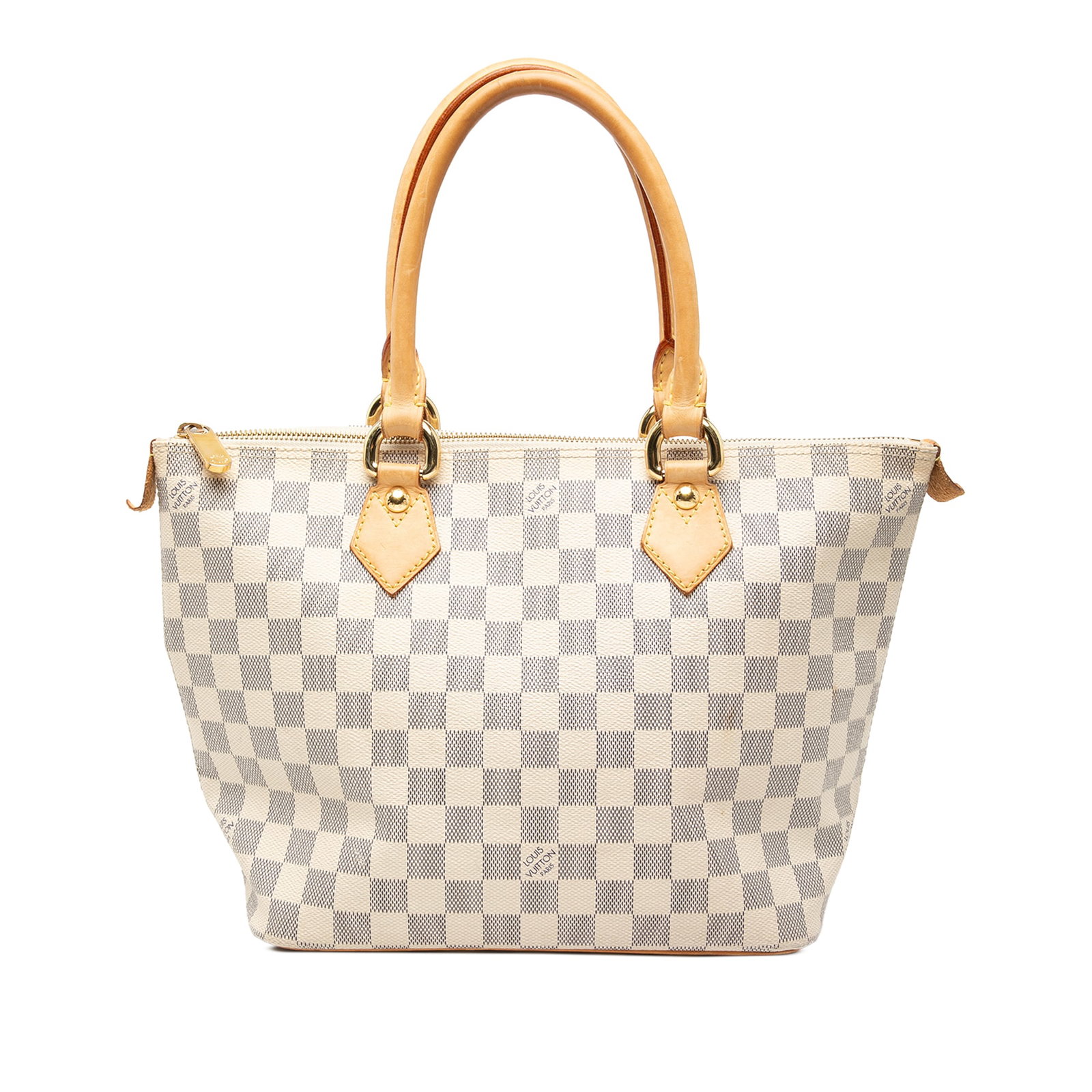 Saleya PM Tote in Damier Azur Canvas with Vachetta Leather Trim: Saleya PM Tote in Damier Azur Canvas with Vachetta Leather Trim The Louis Vuitton Damier Azur Saleya PM features a damier canvas exterior accented with vachetta leather trim and rolled vachetta leathe