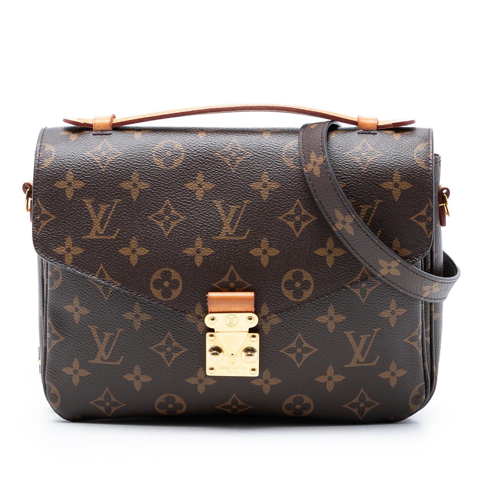 Louis Vuitton Pochette Metis Monogram Canvas Shoulder Bag with S-Lock: Louis Vuitton Pochette Metis Monogram Canvas Shoulder Bag with S-Lock This Louis Vuitton Pochette Metis features the iconic monogram canvas, a flat vachetta leather top handle, and a detachable, adjus
