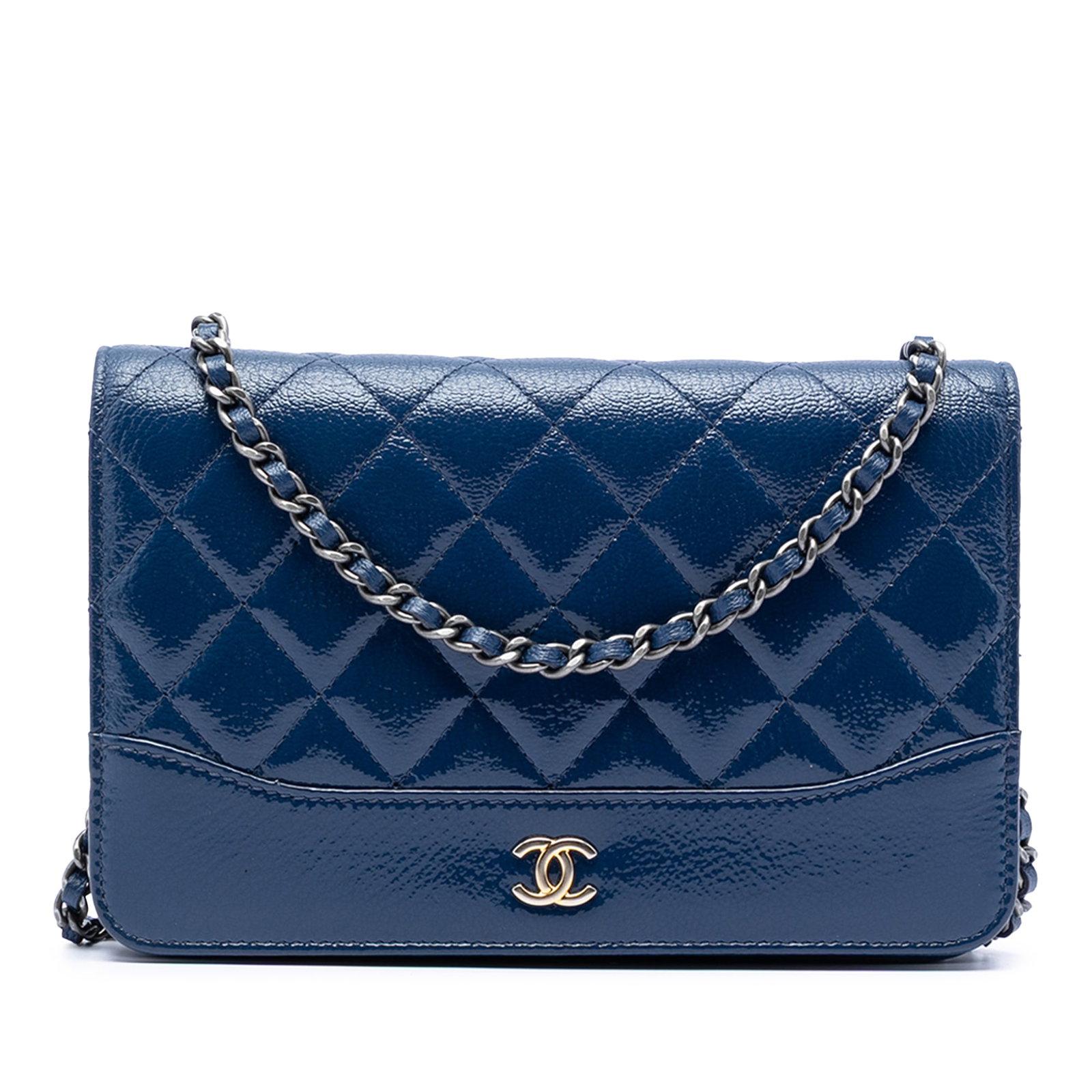 Chanel Gabrielle Blue Patent Quilted Leather Wallet On Chain Bag: Chanel Gabrielle Blue Patent Quilted Leather Wallet On Chain Bag The Chanel Quilted Patent Aged Calfskin Gabrielle Wallet On Chain features a quilted patent leather exterior, a leather-woven chain lin