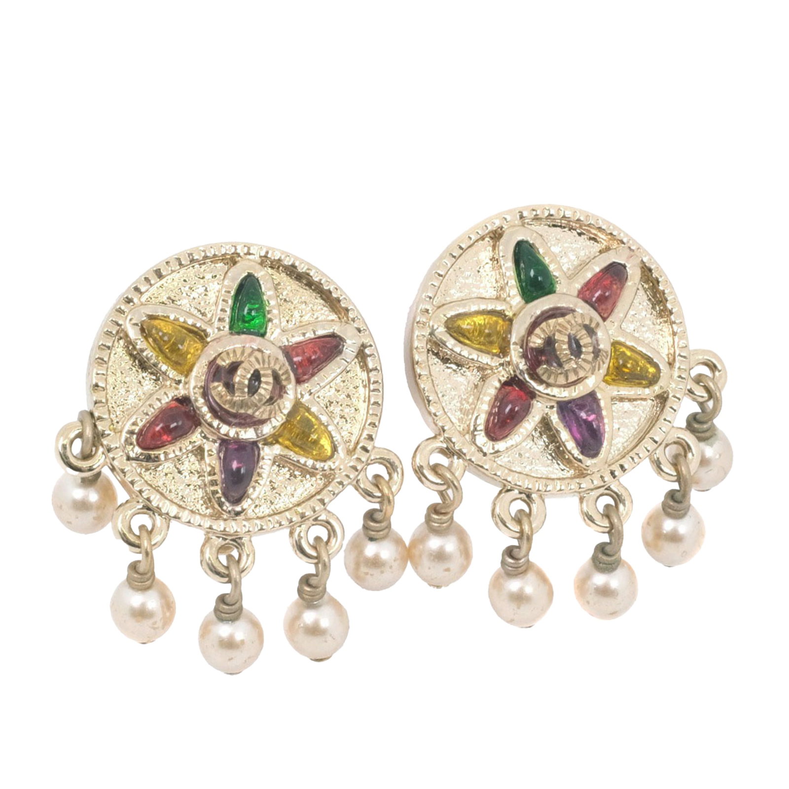 Chanel Flower Clip Earrings with Gripoix and Faux Pearl Accents: Chanel Flower Clip Earrings with Gripoix and Faux Pearl Accents These Chanel clip-on earrings feature gold-plated metal bodies adorned with gripoix glass and faux pearl flower embellishments. The earr