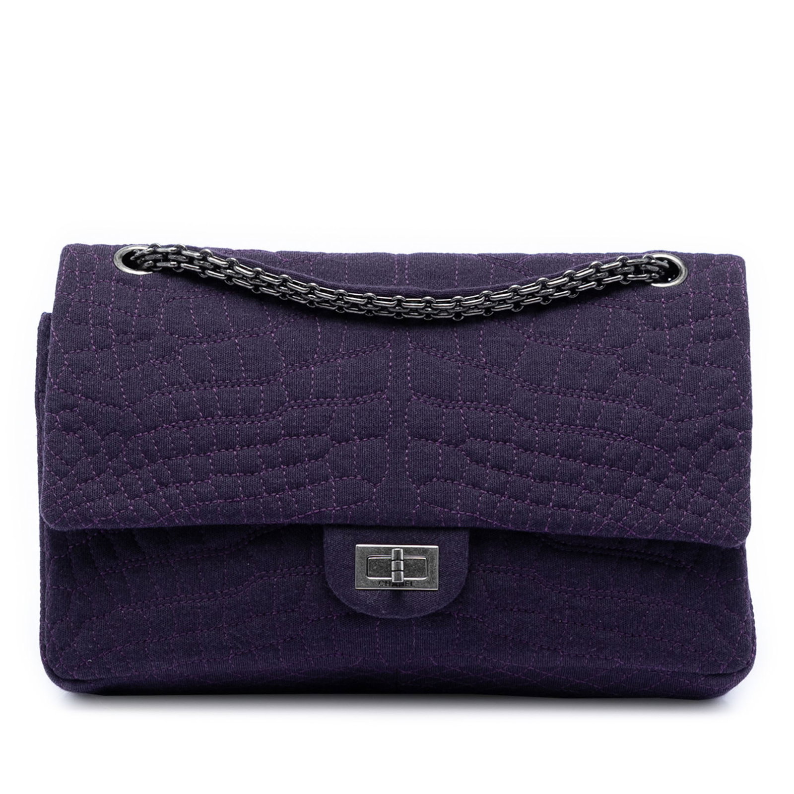 Chanel Purple Jersey Croc Quilted Reissue 2.55 Double Flap 226 Shoulder Bag: Chanel Purple Jersey Croc Quilted Reissue 2.55 Double Flap 226 Shoulder Bag This Chanel Quilted Jersey Coco Croc Reissue 2.55 Double Flap 226 shoulder bag features an embroidered jersey body in purple