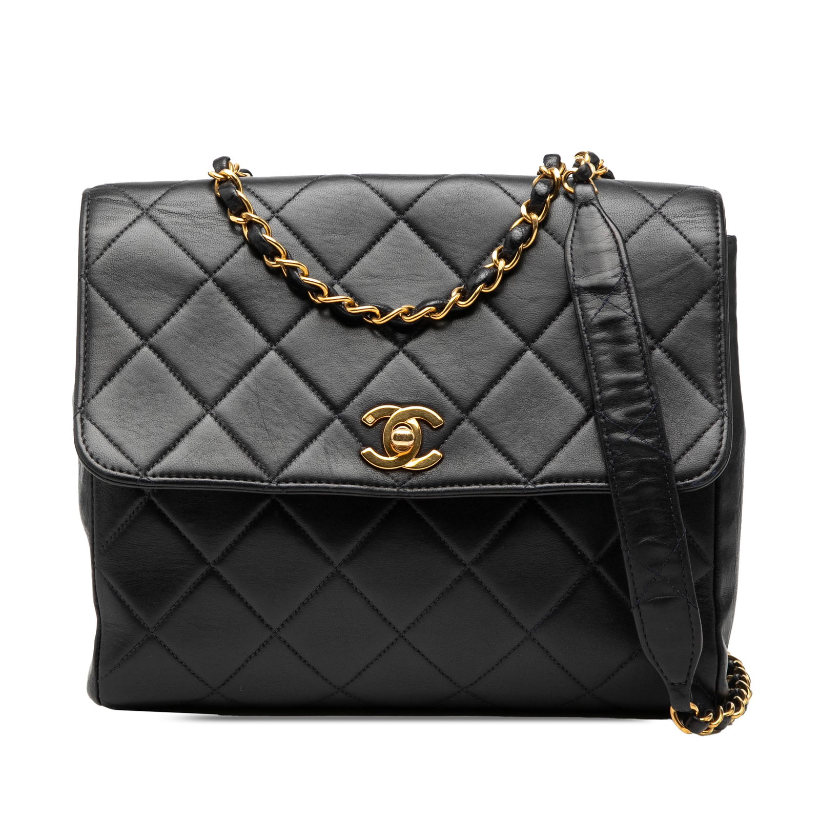Chanel Black Quilted Lambskin Crossbody Bag with Single Flap and Chain Strap: Chanel Black Quilted Lambskin Crossbody Bag with Single Flap and Chain Strap This Chanel CC Quilted Lambskin Single Flap crossbody bag features a quilted lambskin leather exterior in black, a front fl
