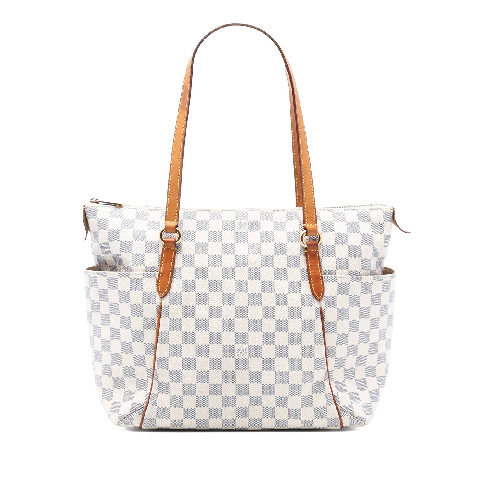 Damier Azur Canvas Totally PM Tote with Vachetta Leather Trim: Damier Azur Canvas Totally PM Tote with Vachetta Leather Trim This Louis Vuitton Damier Azur Totally PM features a damier azur canvas body with vachetta leather trim, flat vachetta leather handles, a 