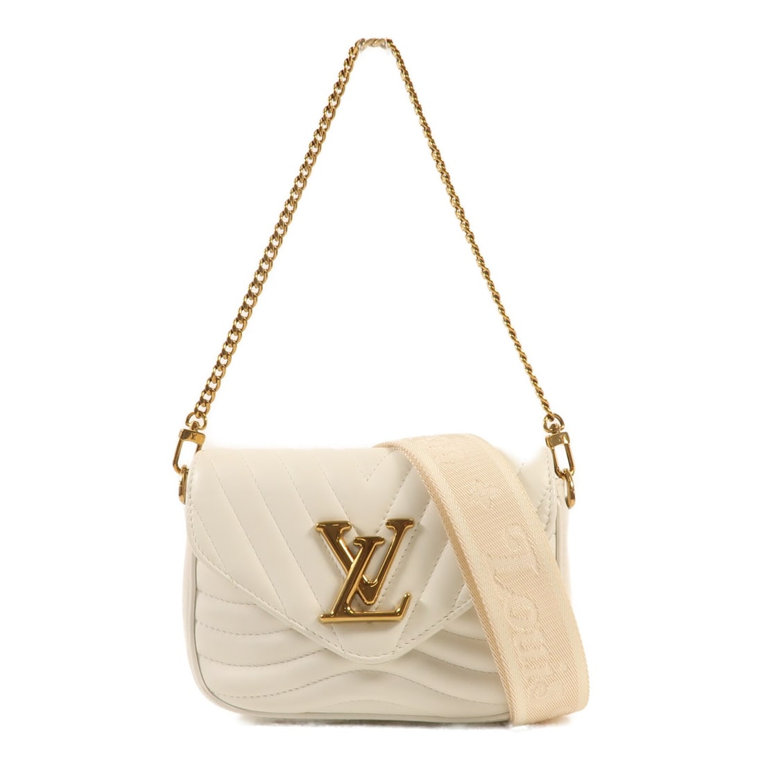 LOUIS VUITTON New Wave Multi Pochette Shoulder Bag Calfskin White: LOUIS VUITTON New Wave Multi Pochette Shoulder Bag Calfskin White This LOUIS VUITTON New Wave Multi Pochette Shoulder Bag is a stylish accessory crafted from high-quality calfskin leather in a pristin