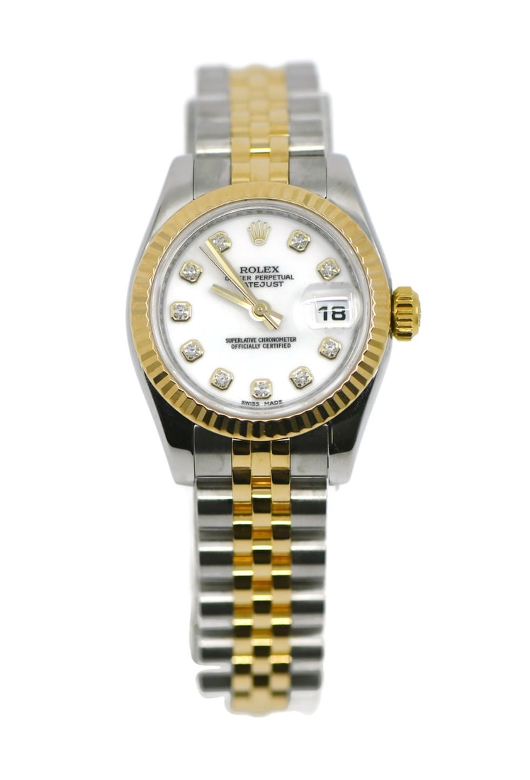 Rolex Datejust 179173 Ladies Watch 18K Gold Steel Diamond Bezel White Dial: Rolex Datejust 179173 Ladies Watch 18K Gold Steel Diamond Bezel White Dial This Rolex Datejust wristwatch features a 26mm stainless steel case with an 18K bezel set with diamonds. The watch has a whit
