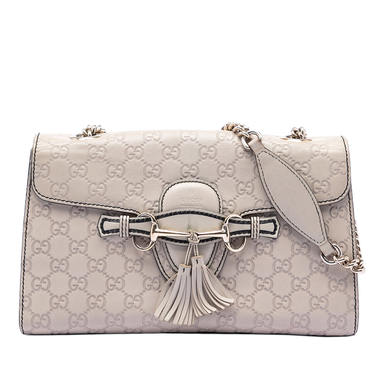 Gucci Emily White Leather Shoulder Bag with Tassel and Chain Strap: Gucci Emily White Leather Shoulder Bag with Tassel and Chain Strap This Gucci Medium Guccissima Emily shoulder bag is crafted from embossed leather and features a curb chain strap, a front flap with a