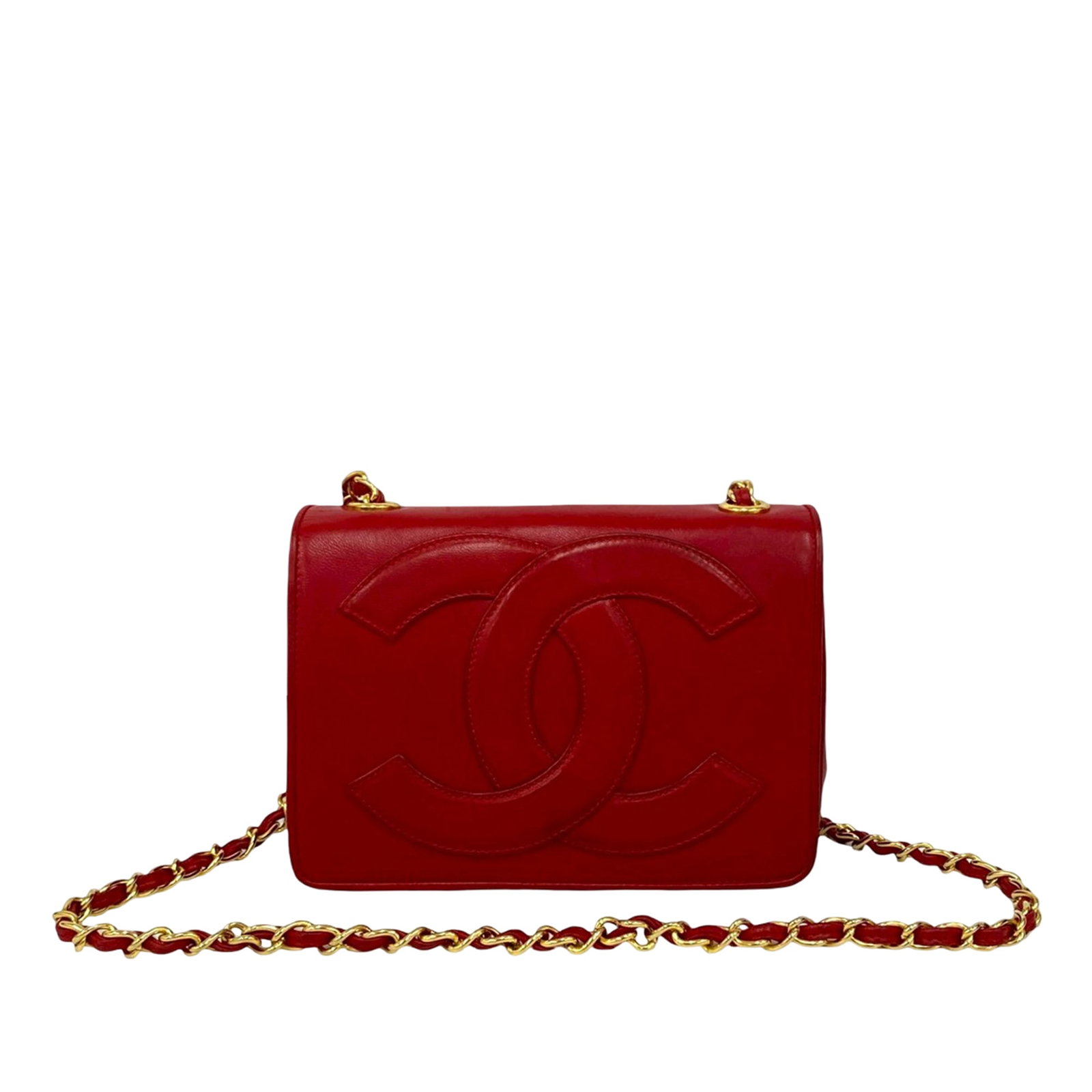 Chanel Red Lambskin Leather CC Full Flap Shoulder Bag: Chanel Red Lambskin Leather CC Full Flap Shoulder Bag This Chanel CC Lambskin Full Flap bag is crafted from red lambskin leather and features a leather-woven chain strap with a leather guard, a front 