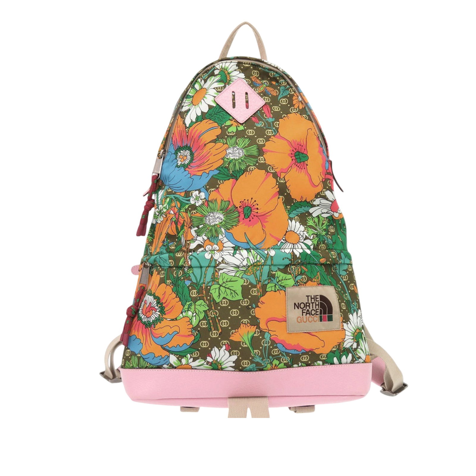 Medium Floral Econyl Backpack by Gucci and The North Face: Medium Floral Econyl Backpack by Gucci and The North Face This Gucci The North Face Medium Econyl Floral Backpack features a printed nylon body with leather trim, a flat top handle, adjustable flat ba
