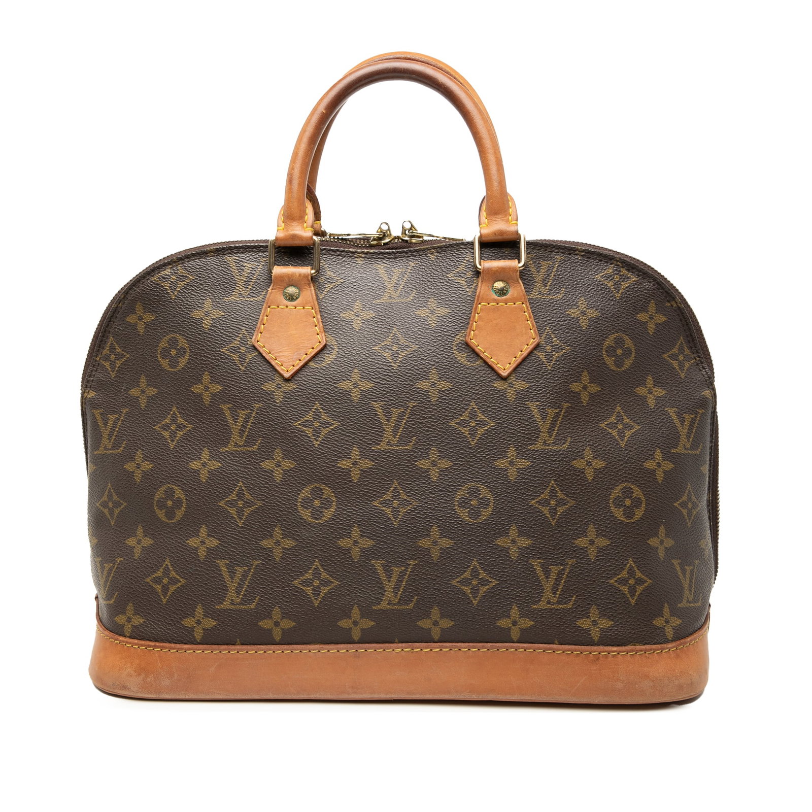 Louis Vuitton Alma PM Brown Monogram Canvas Handbag with Leather Trim: Louis Vuitton Alma PM Brown Monogram Canvas Handbag with Leather Trim This Louis Vuitton Monogram Alma PM features the iconic monogram canvas body with vachetta leather trim and rolled vachetta leathe
