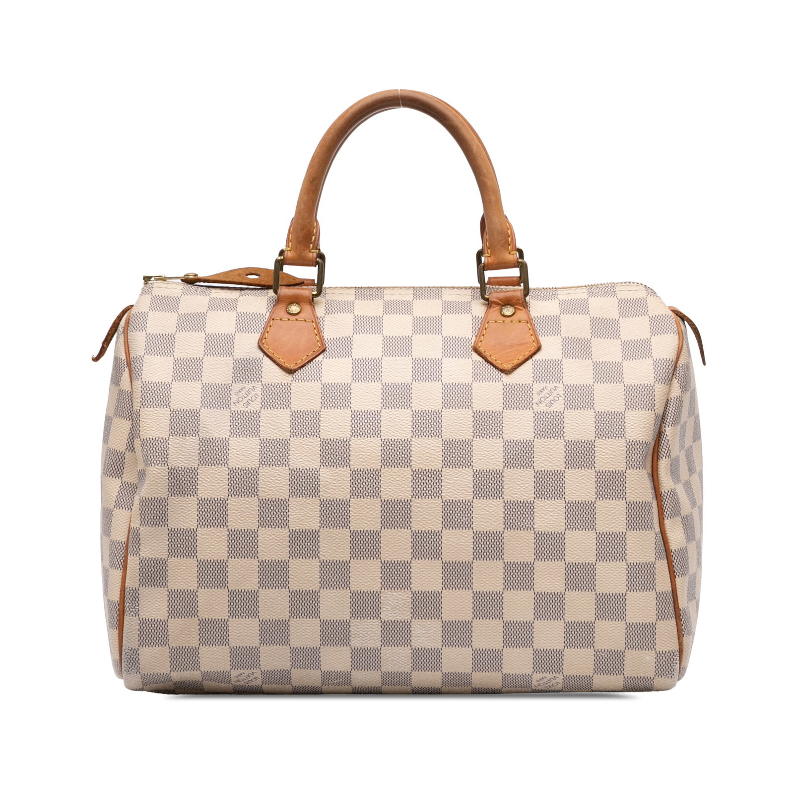 Louis Vuitton Speedy 30 Handbag in Damier Azur Canvas with Vachetta Trim: Louis Vuitton Speedy 30 Handbag in Damier Azur Canvas with Vachetta Trim This Louis Vuitton Damier Azur Speedy 30 features a signature damier canvas body complemented by vachetta leather trim and roll