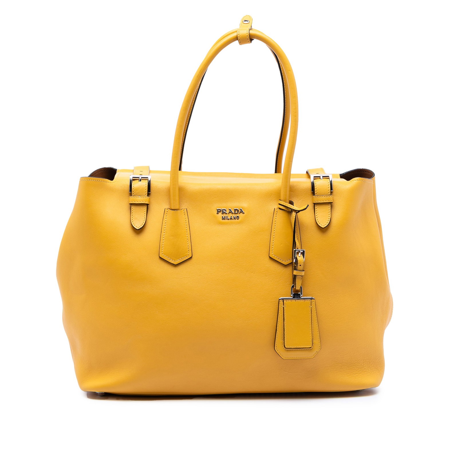 Yellow Prada City Calf Leather Tote with Buckle Strap Detail: Yellow Prada City Calf Leather Tote with Buckle Strap Detail This Prada City Calf Leather Buckle Tote features a yellow leather body with rolled leather top handles and fold-over top flaps secured by 