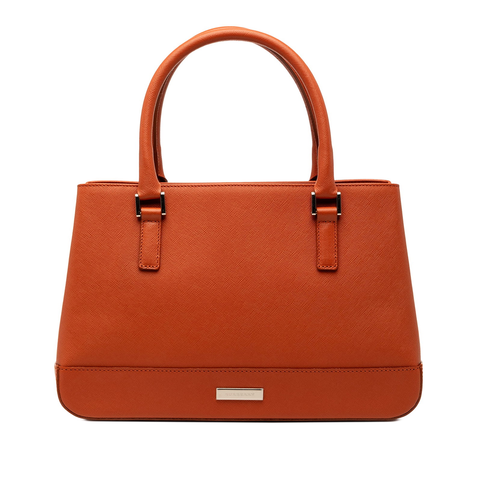 Orange Leather Tote Bag with Top Handles by Burberry: Orange Leather Tote Bag with Top Handles by Burberry This Burberry tote bag features an orange leather body with rolled leather handles and an open top. The interior includes a zip compartment as well