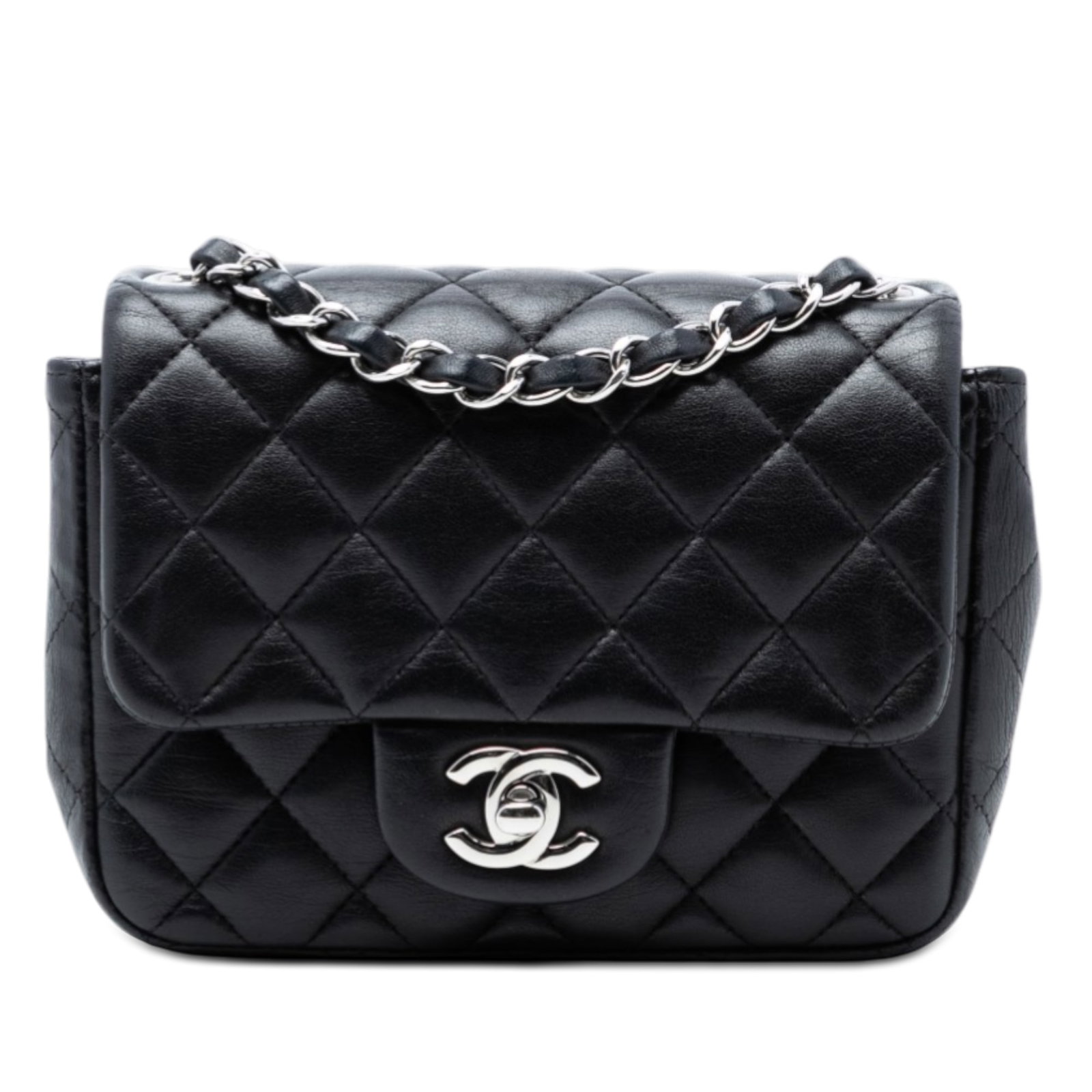 Chanel Mini Square Black Lambskin Leather Shoulder Bag with Flap: Chanel Mini Square Black Lambskin Leather Shoulder Bag with Flap This Chanel Mini Square Classic Lambskin Single Flap bag features a black lambskin leather body with a leather-woven chain shoulder str