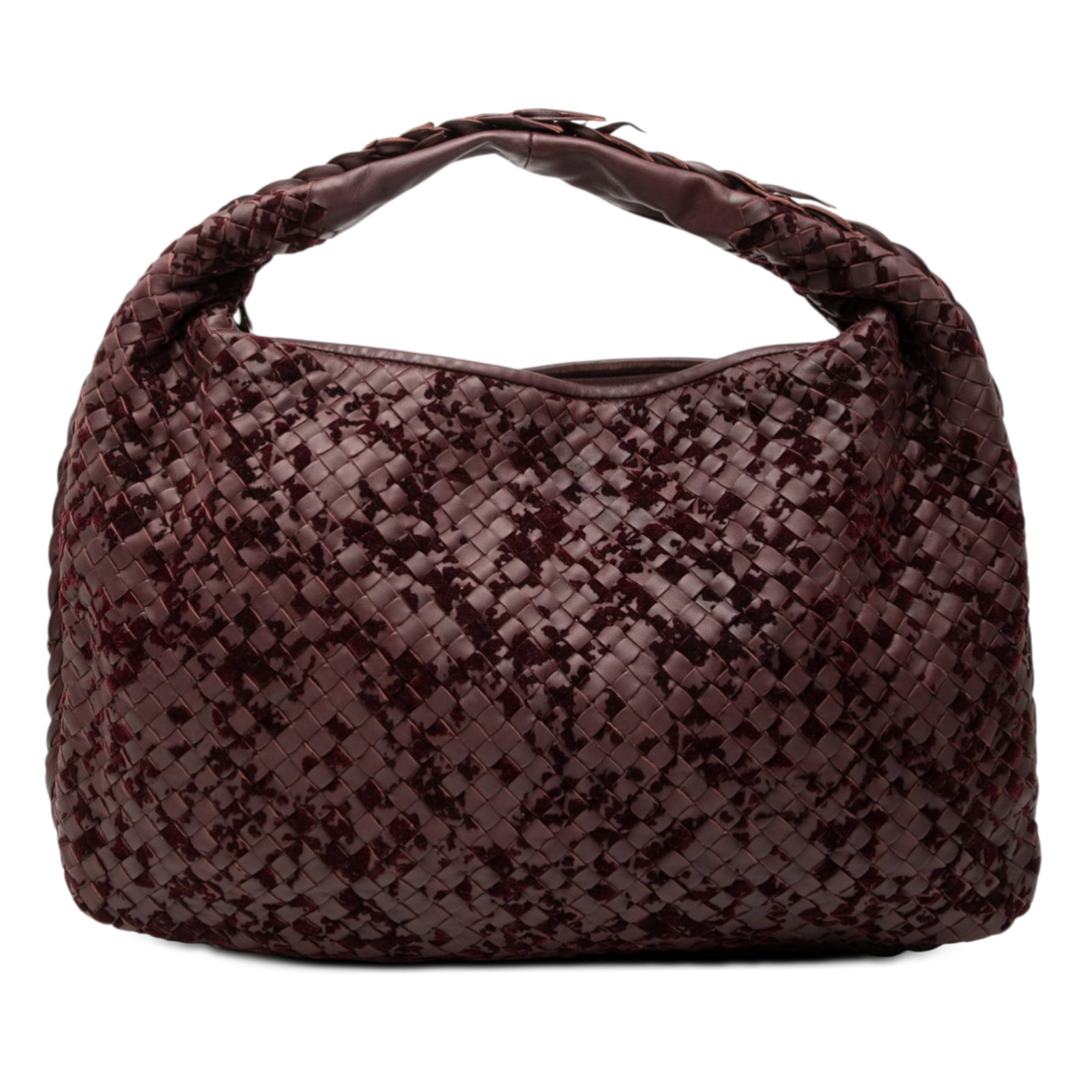 Bottega Veneta Intrecciato Nappa Leather Hobo with Velvet Accents: Bottega Veneta Intrecciato Nappa Leather Hobo with Velvet Accents This medium hobo bag showcases Bottega Veneta's signature woven nappa leather design, featuring unique speckled velvet details. It inc