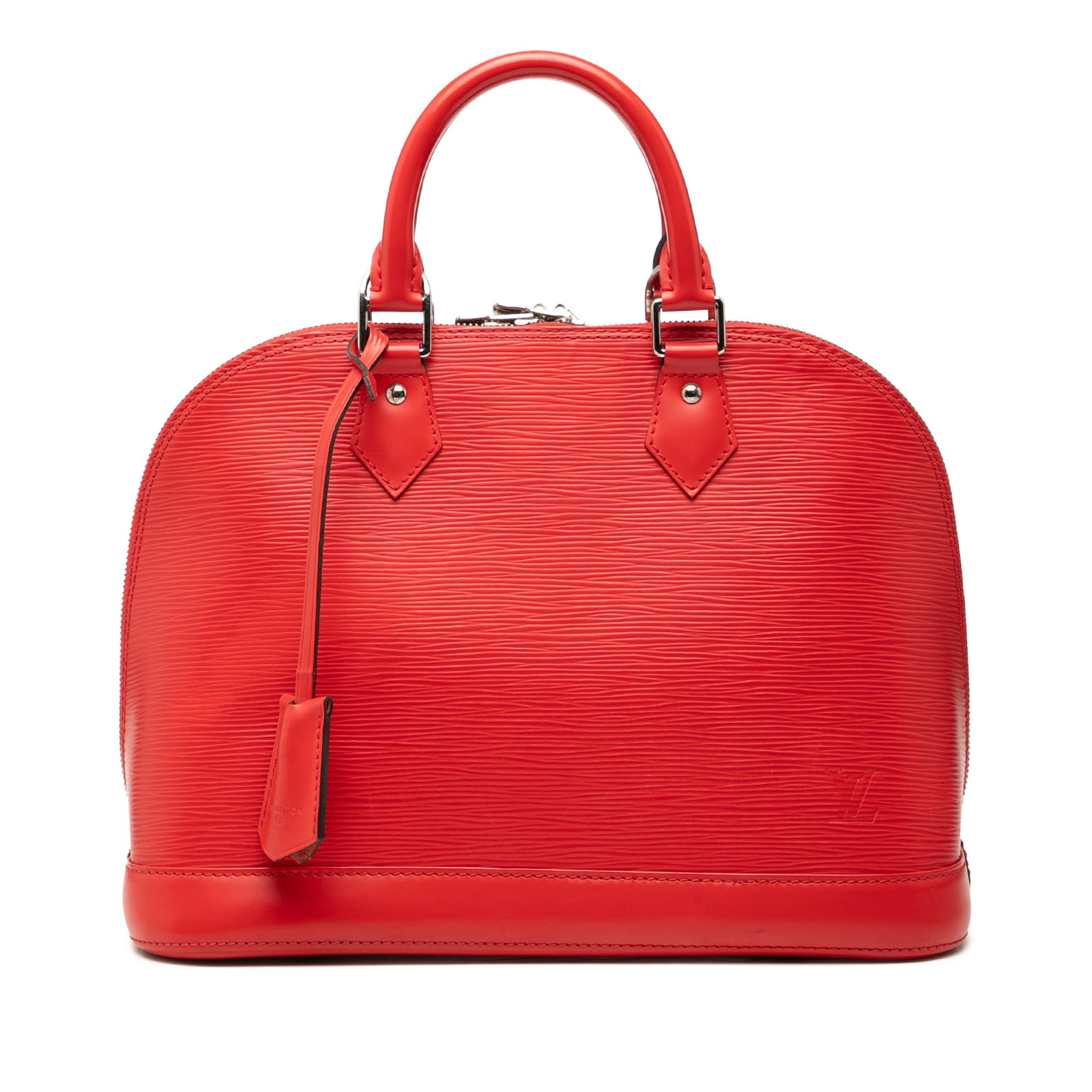 Red Epi Leather Alma PM Handbag by Louis Vuitton: Red Epi Leather Alma PM Handbag by Louis Vuitton This Louis Vuitton Epi Alma PM bag features a structured silhouette crafted from signature epi leather in red. It is designed with rolled handles, a cl