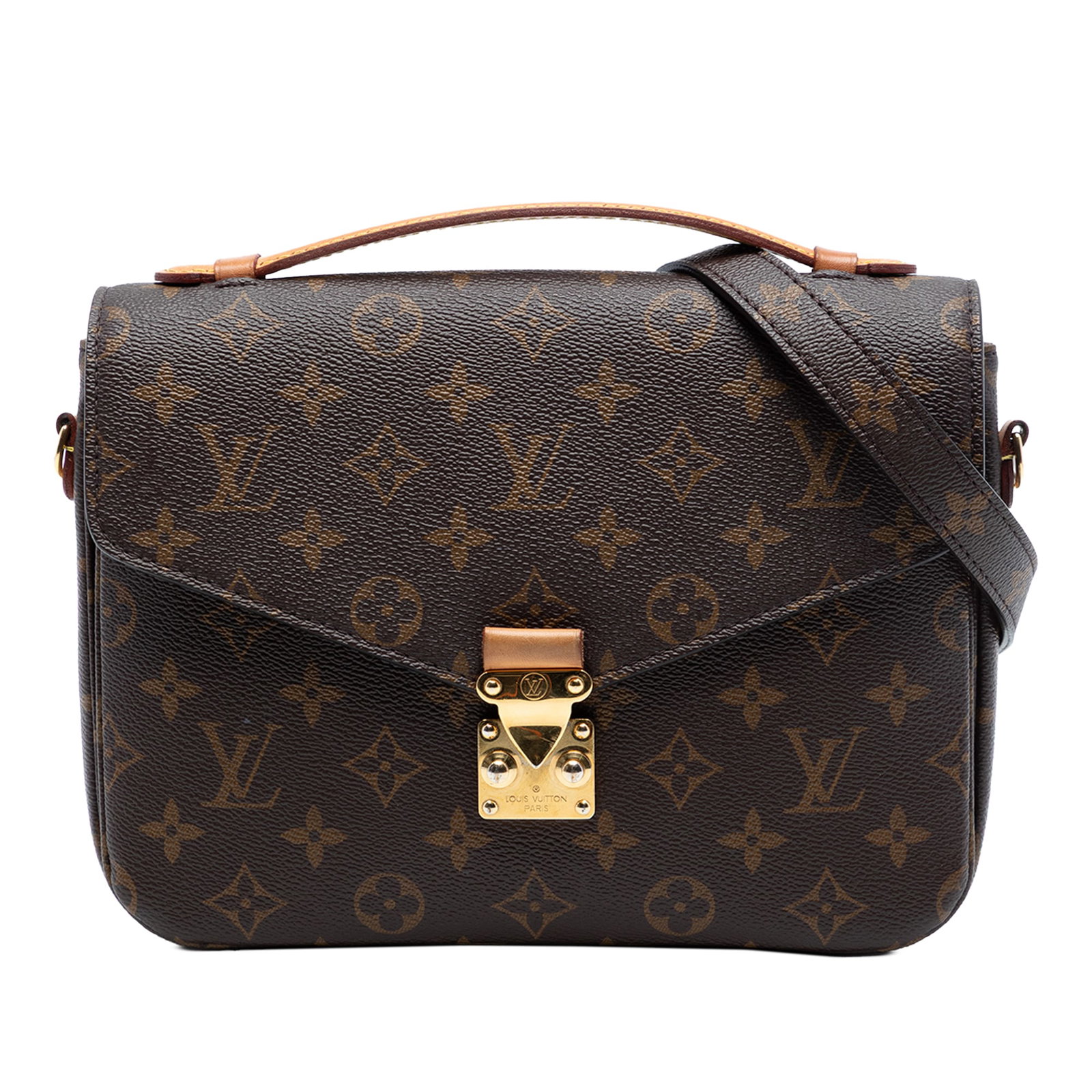 Louis Vuitton Pochette Metis Monogram Canvas Shoulder Bag with Top Handle: Louis Vuitton Pochette Metis Monogram Canvas Shoulder Bag with Top Handle This Louis Vuitton Monogram Pochette Metis features a classic monogram canvas exterior, complemented by a flat vachetta leathe