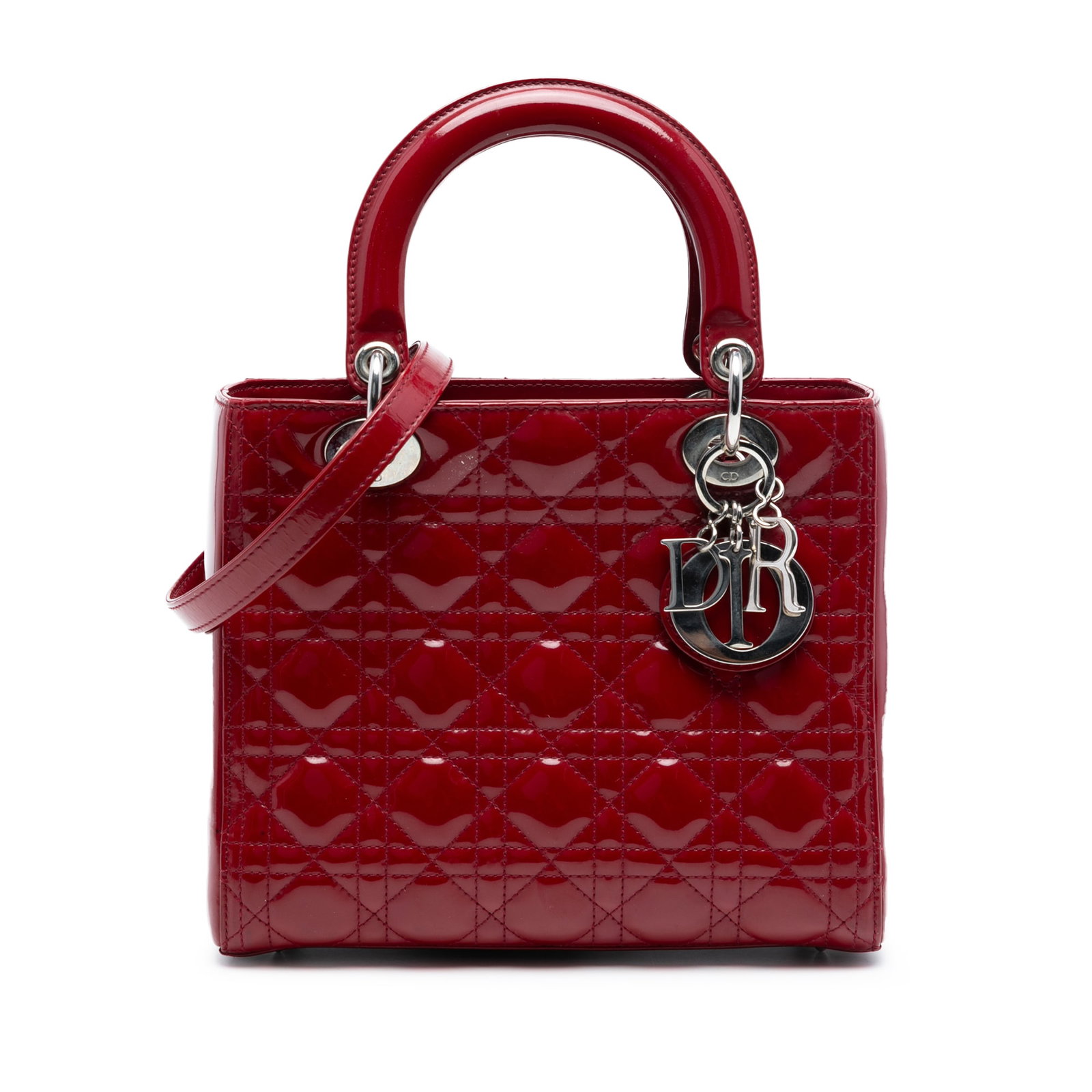 Dior Lady Dior Medium Red Patent Cannage Quilted Leather Shoulder Bag: Dior Lady Dior Medium Red Patent Cannage Quilted Leather Shoulder Bag This Medium Patent Cannage Lady Dior bag showcases a quilted patent leather exterior in red, complemented by flat leather top hand
