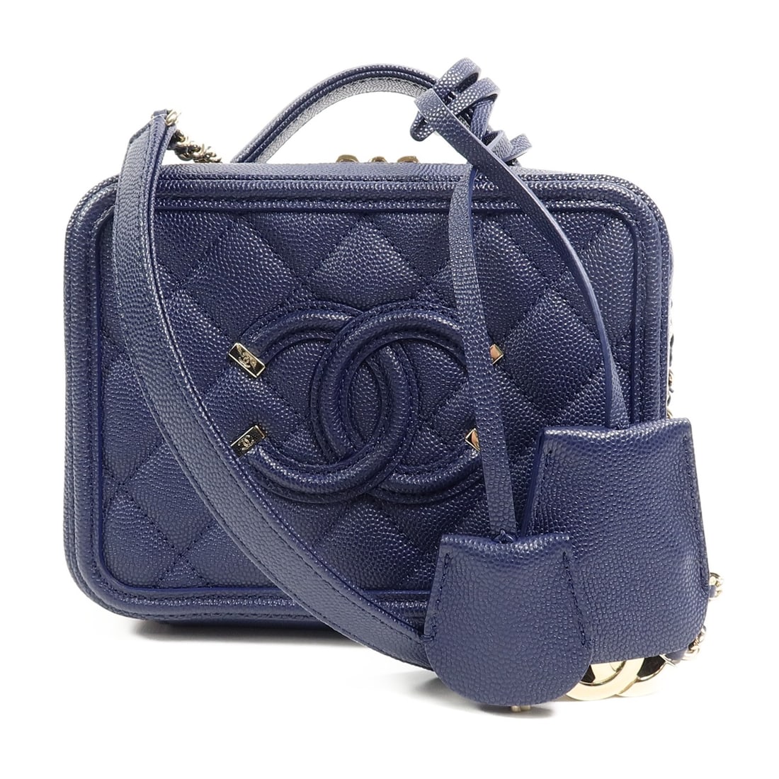 CHANEL Navy Calfskin Vanity Case CC Filigree 2Way Shoulder Bag: CHANEL Navy Calfskin Vanity Case CC Filigree 2Way Shoulder Bag This CHANEL CC Filigree Vanity Case is crafted from navy calfskin leather and features gold-tone hardware. Designed as a versatile 2-way 