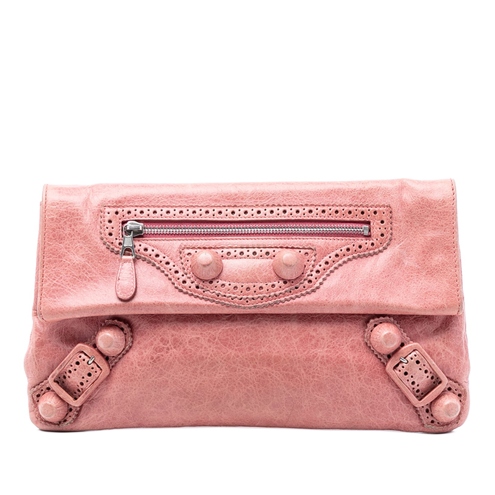 Balenciaga Motocross Giant 21 Pink Lambskin Envelope Clutch Bag: Balenciaga Motocross Giant 21 Pink Lambskin Envelope Clutch Bag This Balenciaga Motocross Giant 21 Envelope Clutch is crafted from lambskin leather in a pink hue and features a top flap with magnetic 