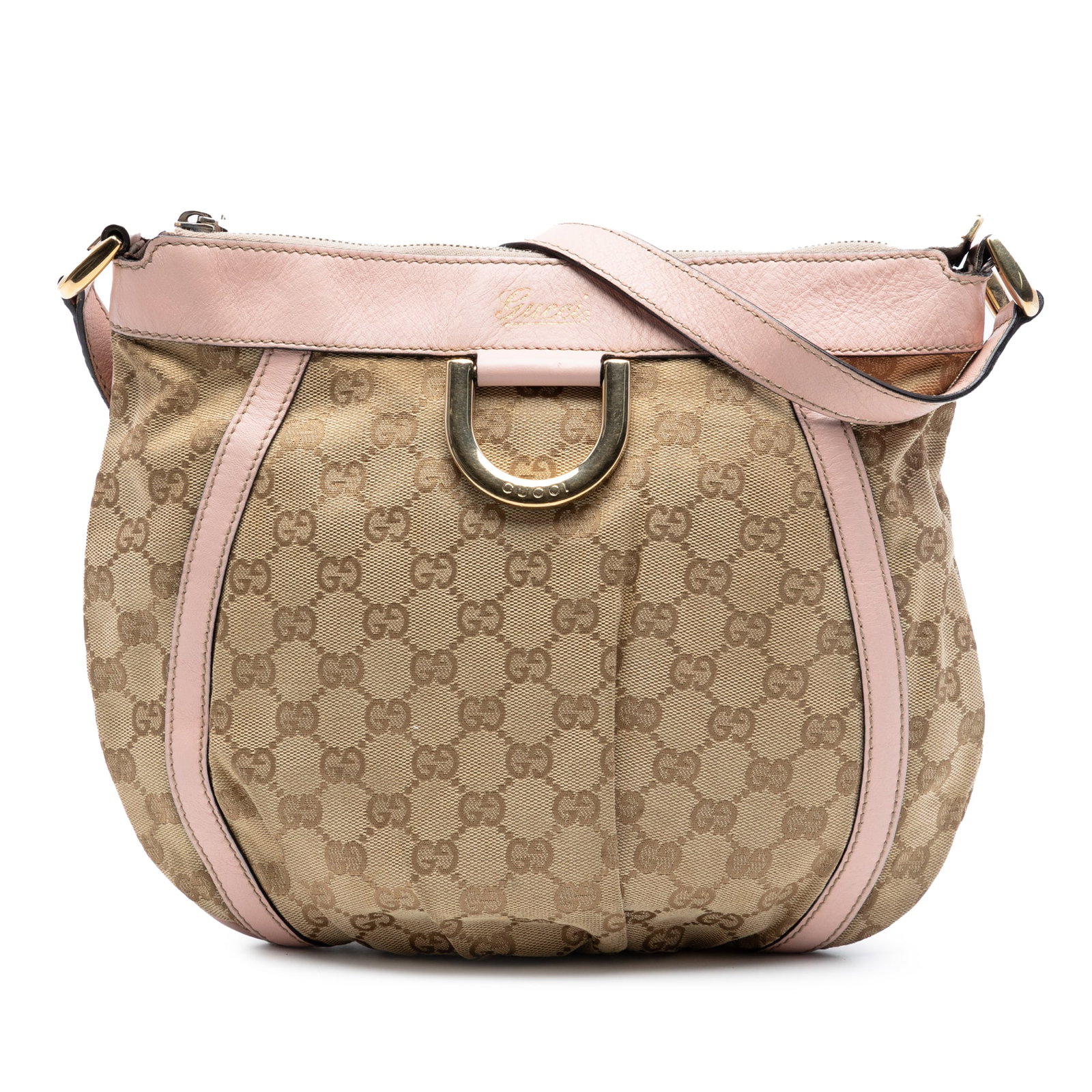Gucci Abbey D Ring Beige GG Canvas Crossbody Bag with Leather Trim: Gucci Abbey D Ring Beige GG Canvas Crossbody Bag with Leather Trim This Gucci GG Canvas Abbey D Ring Crossbody bag features a beige canvas body with leather trim, a flat leather strap, a top zip closu
