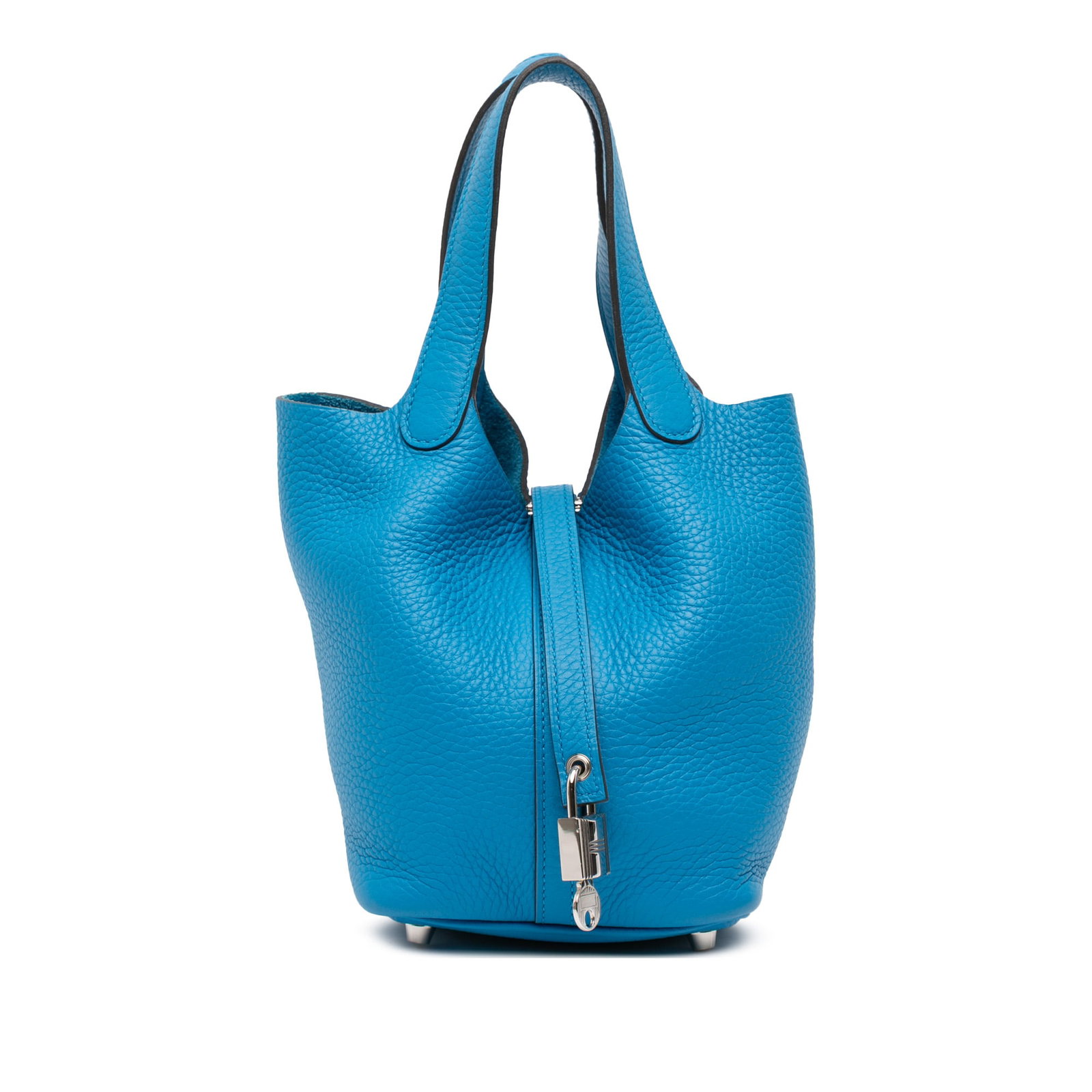 Hermes Clemence Picotin Lock 18 Blue Frida Leather Bag: Hermes Clemence Picotin Lock 18 Blue Frida Leather Bag The Hermes Clemence Picotin Lock 18 is a stylish handbag crafted from premium Clemence leather in a vibrant Blue Frida color. It features flat le