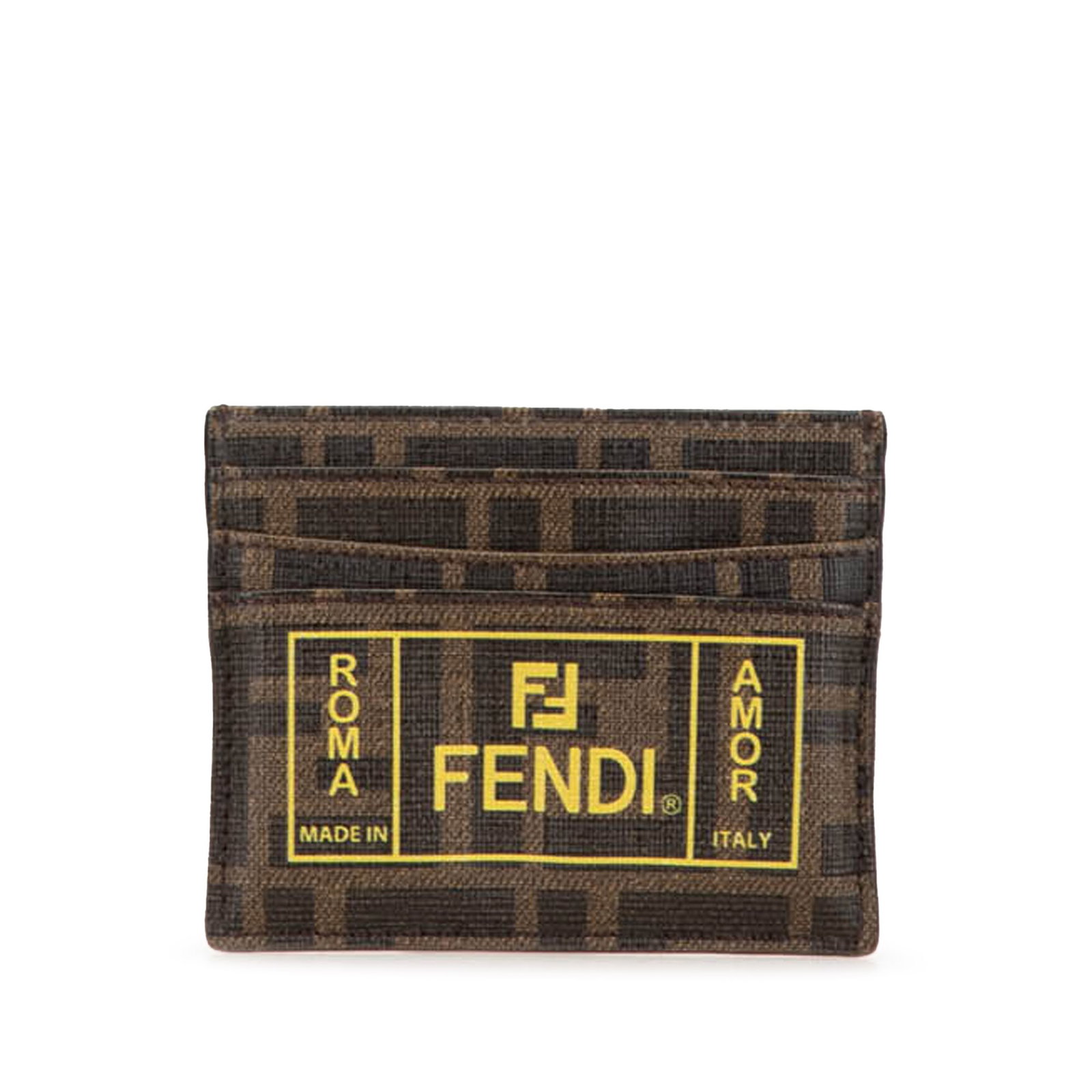 Fendi Roma Amor FF Coated Canvas Card Wallet: Fendi Roma Amor FF Coated Canvas Card Wallet This Fendi card holder features a printed coated canvas exterior with the iconic FF 1974 Roma Amor design. The compact accessory offers interior slip pocke
