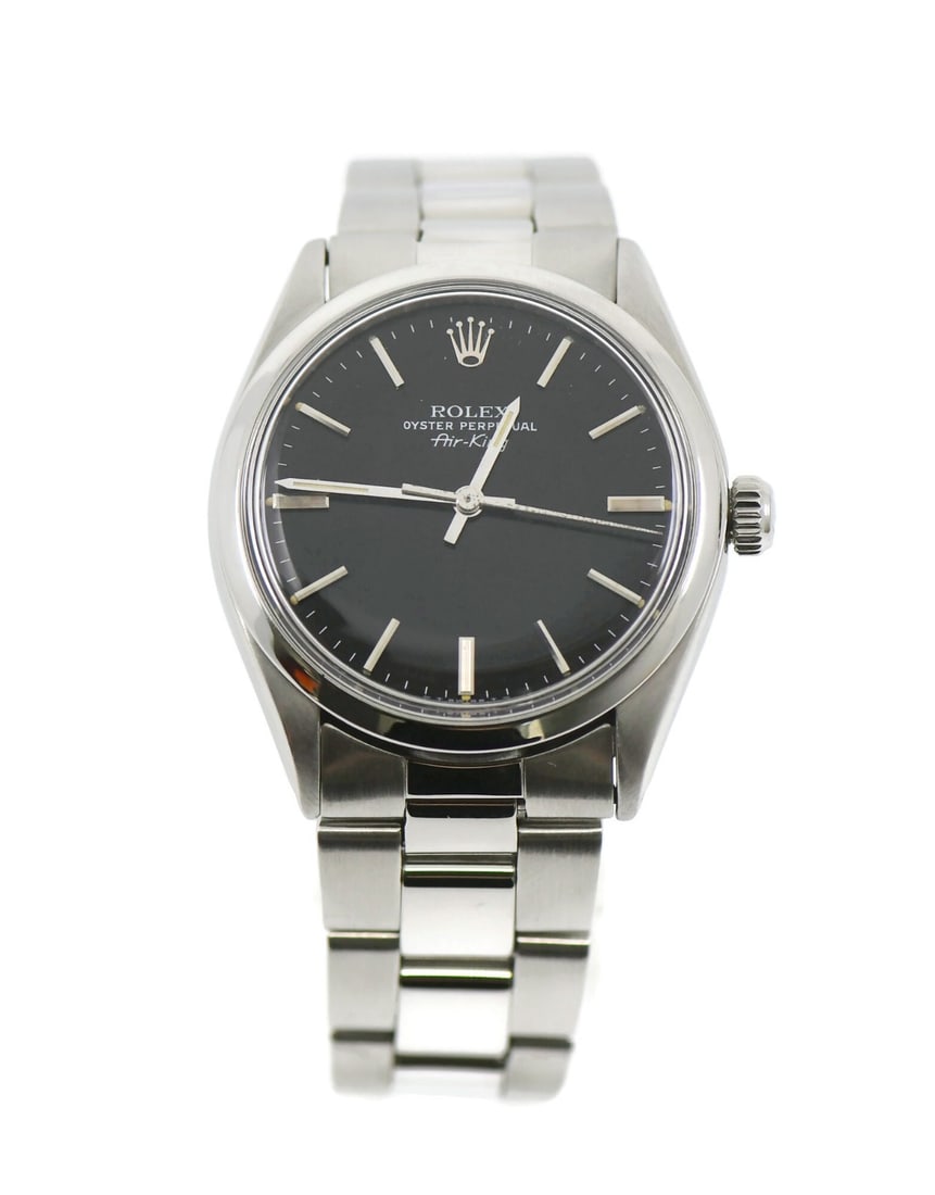 Rolex Air-King 5500 Black Dial Stainless Steel Wristwatch: Rolex Air-King 5500 Black Dial Stainless Steel Wristwatch This Rolex Air-King is a classic men's wristwatch featuring a 34 mm polished stainless steel case and a smooth silver bezel. The watch display