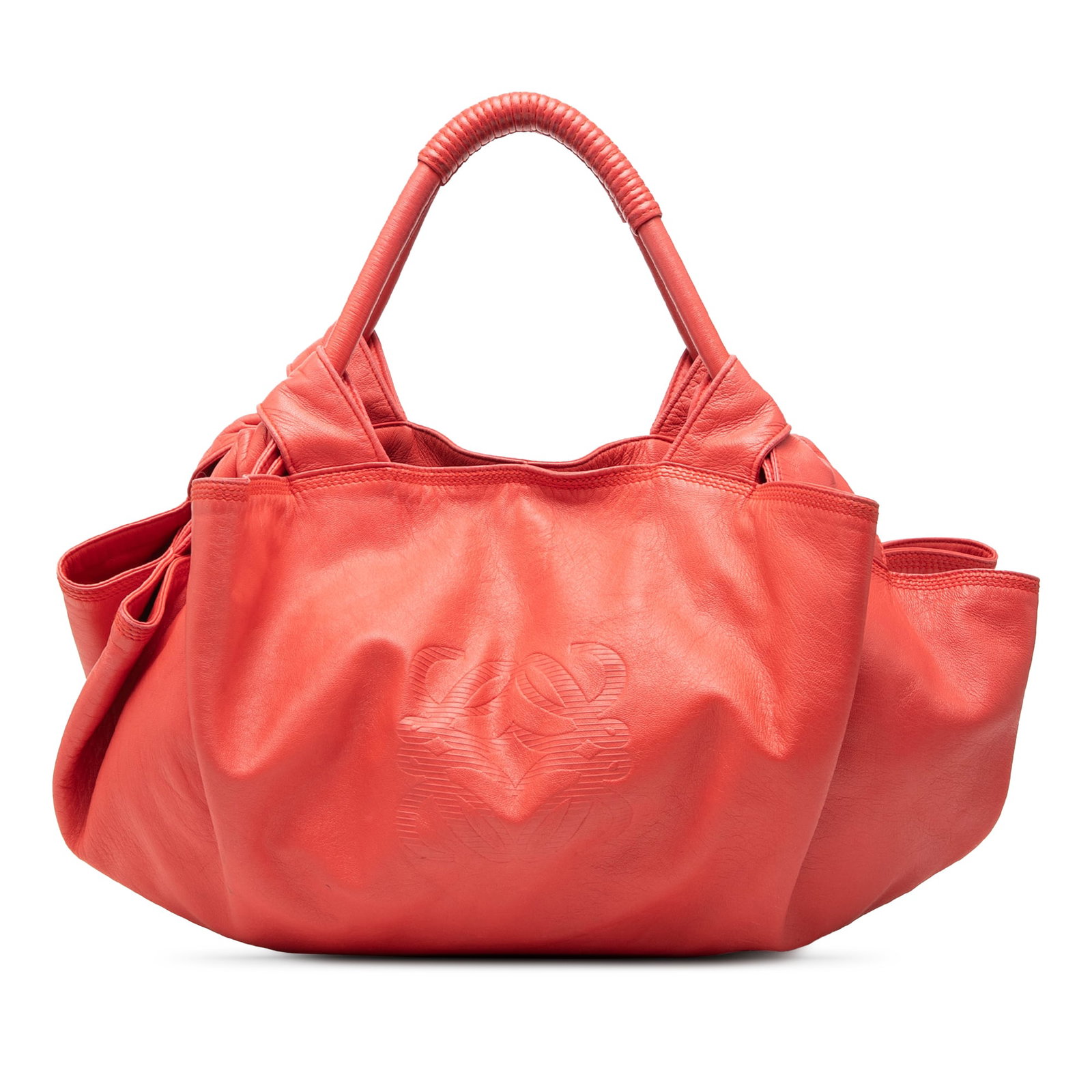 Red Leather Nappa Aire Tote Bag by Loewe with Magnetic Closure: Red Leather Nappa Aire Tote Bag by Loewe with Magnetic Closure The LOEWE Nappa Aire handbag features a red leather body with rolled leather handles and an open top secured by a magnetic snap closure. 