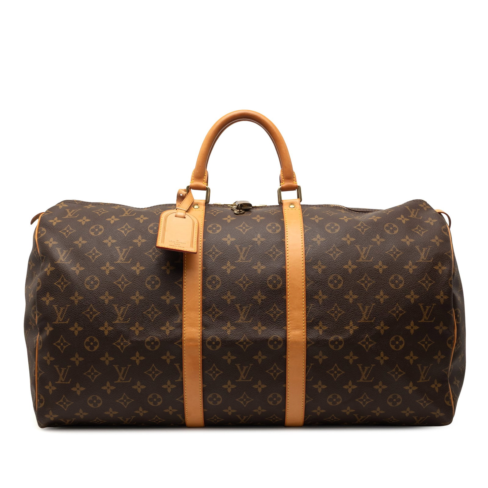 Louis Vuitton Keepall 55 Monogram Canvas Travel Bag with Leather Trim: Louis Vuitton Keepall 55 Monogram Canvas Travel Bag with Leather Trim The Louis Vuitton Monogram Keepall 55 features a classic monogram canvas body with vachetta leather trim and rolled vachetta leath