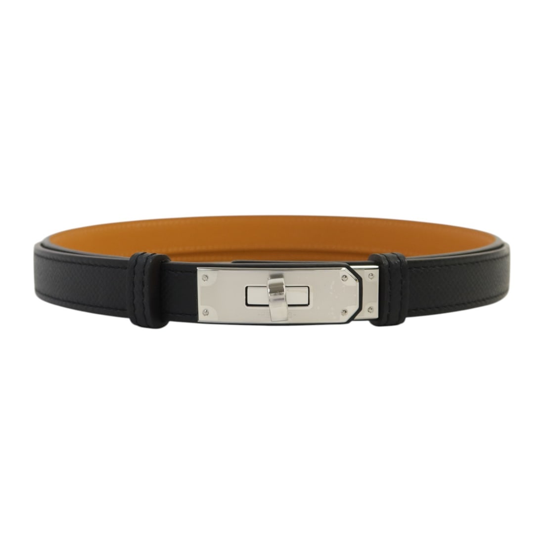 Hermes Kelly 18 Black Epsom Leather Belt with Palladium Hardware: Hermes Kelly 18 Black Epsom Leather Belt with Palladium Hardware This Hermes Kelly 18 belt is crafted from Epsom calfskin leather in black and features palladium hardware. Designed for women, it offer
