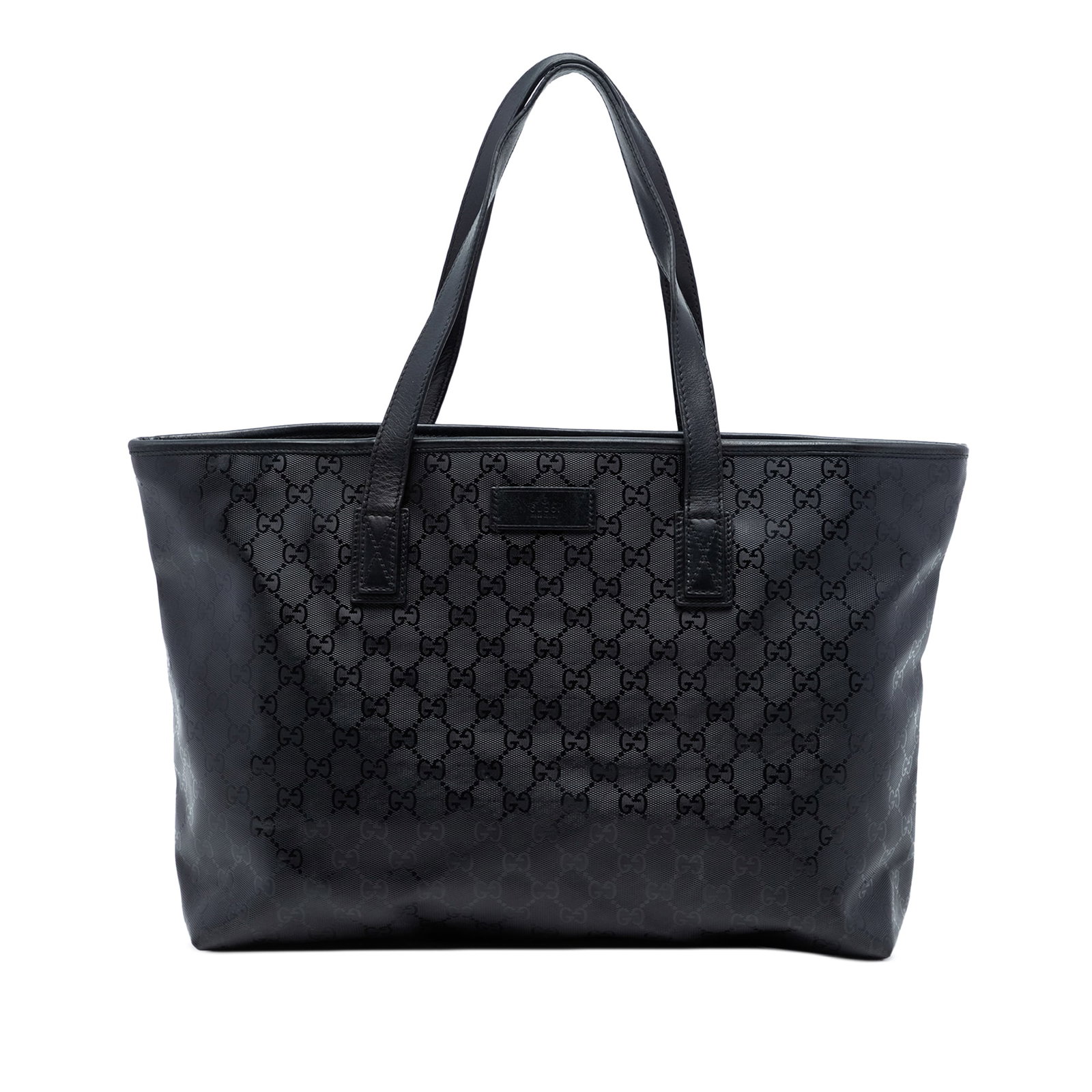 Medium GG Imprime Black Tote Bag with Leather Trim by Gucci: Medium GG Imprime Black Tote Bag with Leather Trim by Gucci This Gucci Medium GG Imprime Tote features a coated canvas exterior with leather trim and flat leather straps. The bag is designed with a to