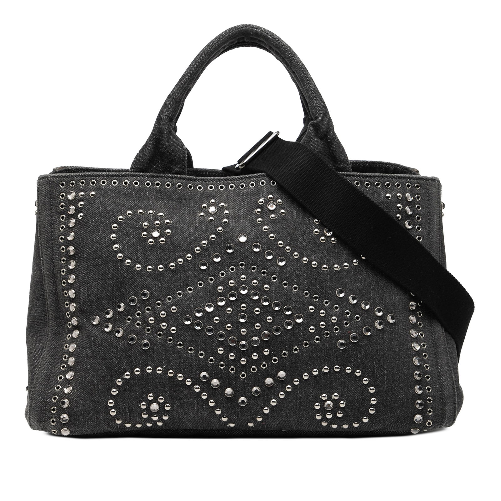 Prada Canapa Bijoux Black Denim Studded Satchel with Detachable Strap: Prada Canapa Bijoux Black Denim Studded Satchel with Detachable Strap This Prada Denim Canapa Bijoux Satchel features a studded denim exterior, rolled top handles, and a detachable flat strap. The bag