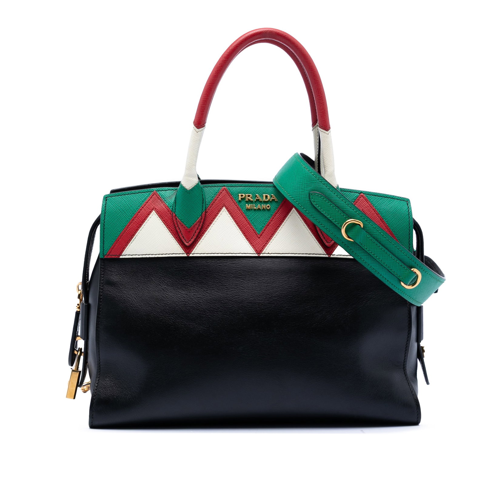 Prada Esplanade Greca Medium Black Leather Satchel with Saffiano Handles: Prada Esplanade Greca Medium Black Leather Satchel with Saffiano Handles This Prada Medium Saffiano Trimmed City Calf Greca Esplanade Satchel features a black leather body with rolled saffiano leather